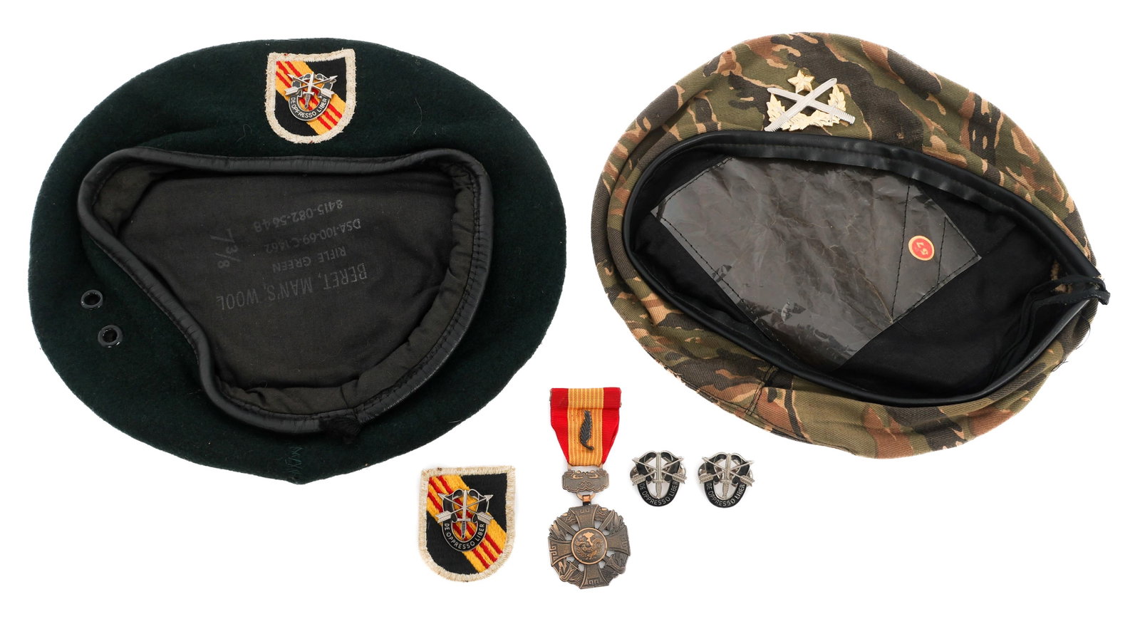 VIETNAM WAR US 5th SF GROUP & ARVN RANGER BERETS: VIETNAM WAR US 5th SF GROUP & ARVN RANGER BERETS Vietnam War US 5th Special Forces Group & ARVN Ranger Berets. (1) 5th Special Forces Rifle Green Beret with flash and badge. Size: 7 3/8. (1) ARVN Rang