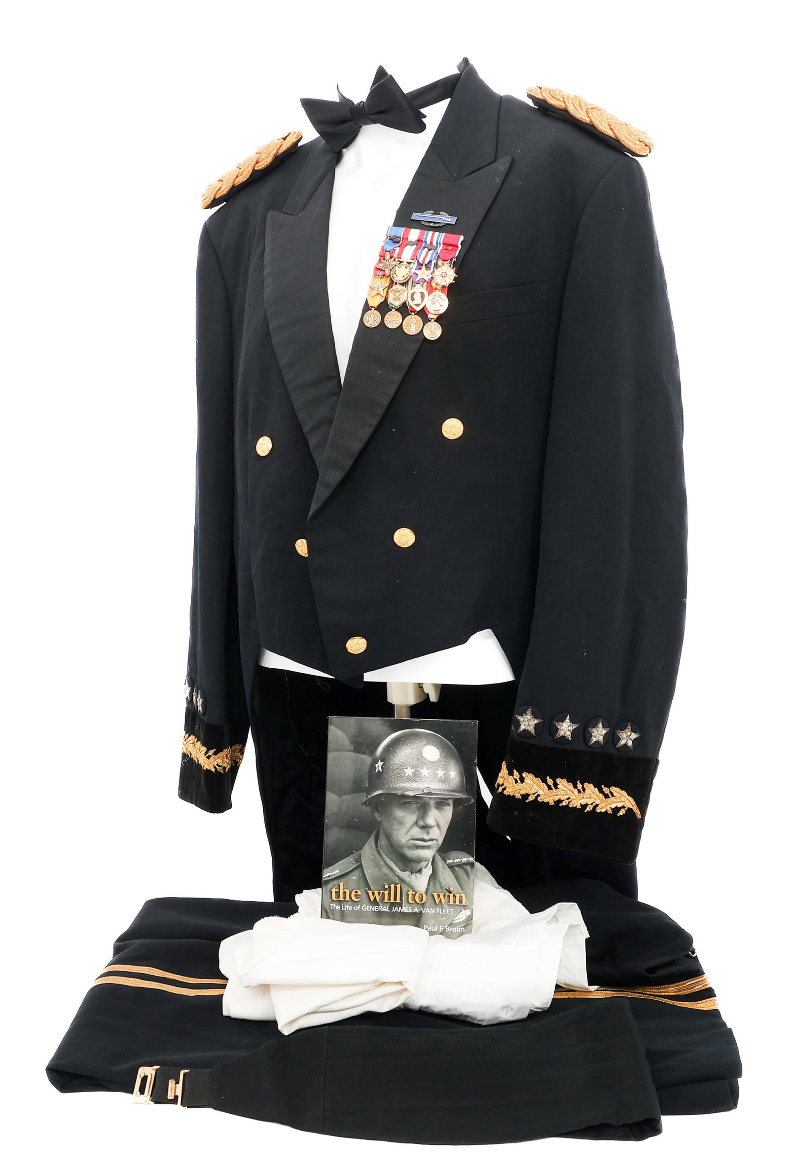 WWII US 4 STAR GENERAL VAN FLEET DRESS UNIFORM: WWII US 4 STAR GENERAL VAN FLEET DRESS UNIFORM WWII US Four-star General Dress Uniform Named to General James A. Van Fleet (0-3847). (1) Evening Dress Frock Coat Dark. Black fine wool construction wit
