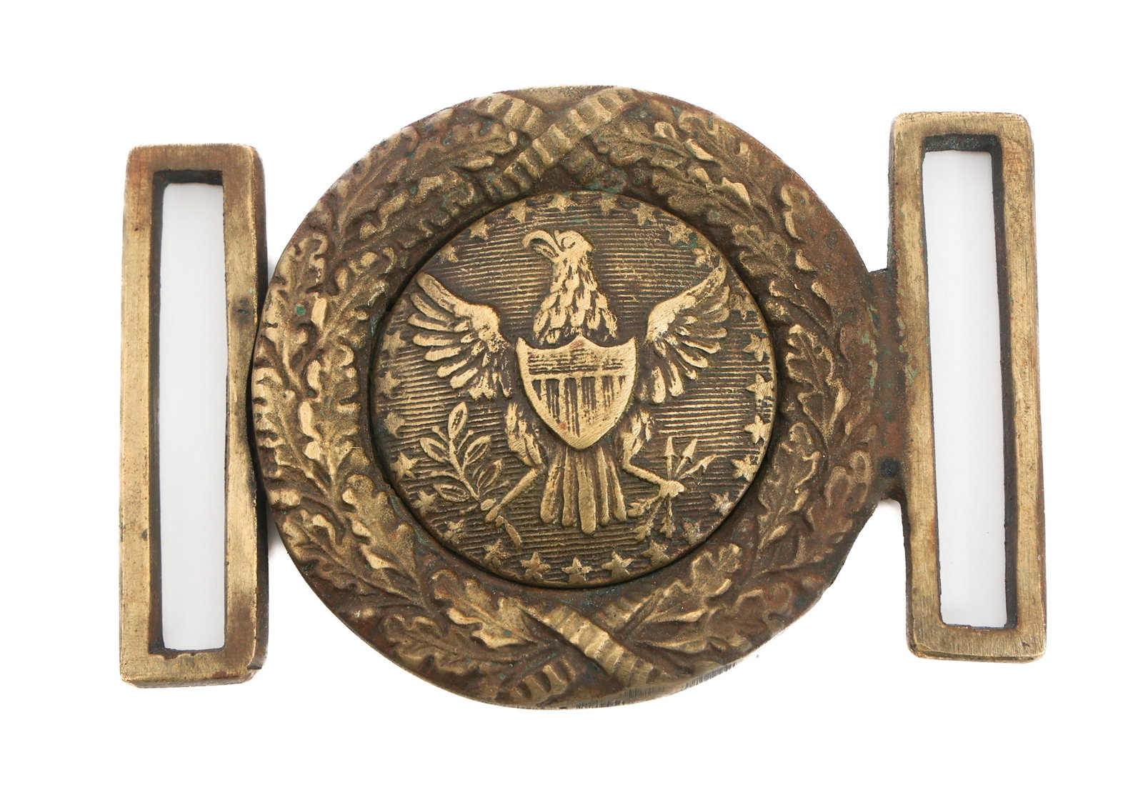 CIVIL WAR US ARMY OFFICER TWO-PIECE BELT BUCKLE: CIVIL WAR US ARMY OFFICER TWO-PIECE BELT BUCKLE Civil war US Army Officer Two-Piece Eagle Belt Buckle. Brass construction with "8" stamped on the back.