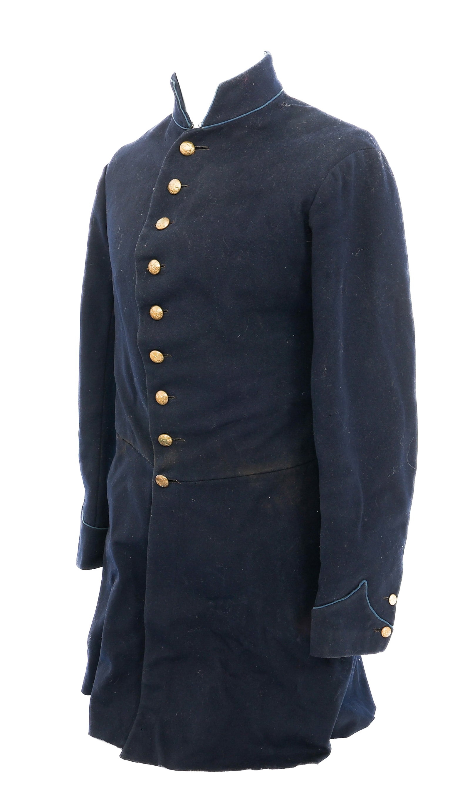 CIVIL WAR US M1858 INFANTRY FROCK COAT: CIVIL WAR US M1858 INFANTRY FROCK COAT Civil War US M1855 Infantry Frock Coat. Dark blue wool construction with brass buttons. No visible marks. Size: Medium