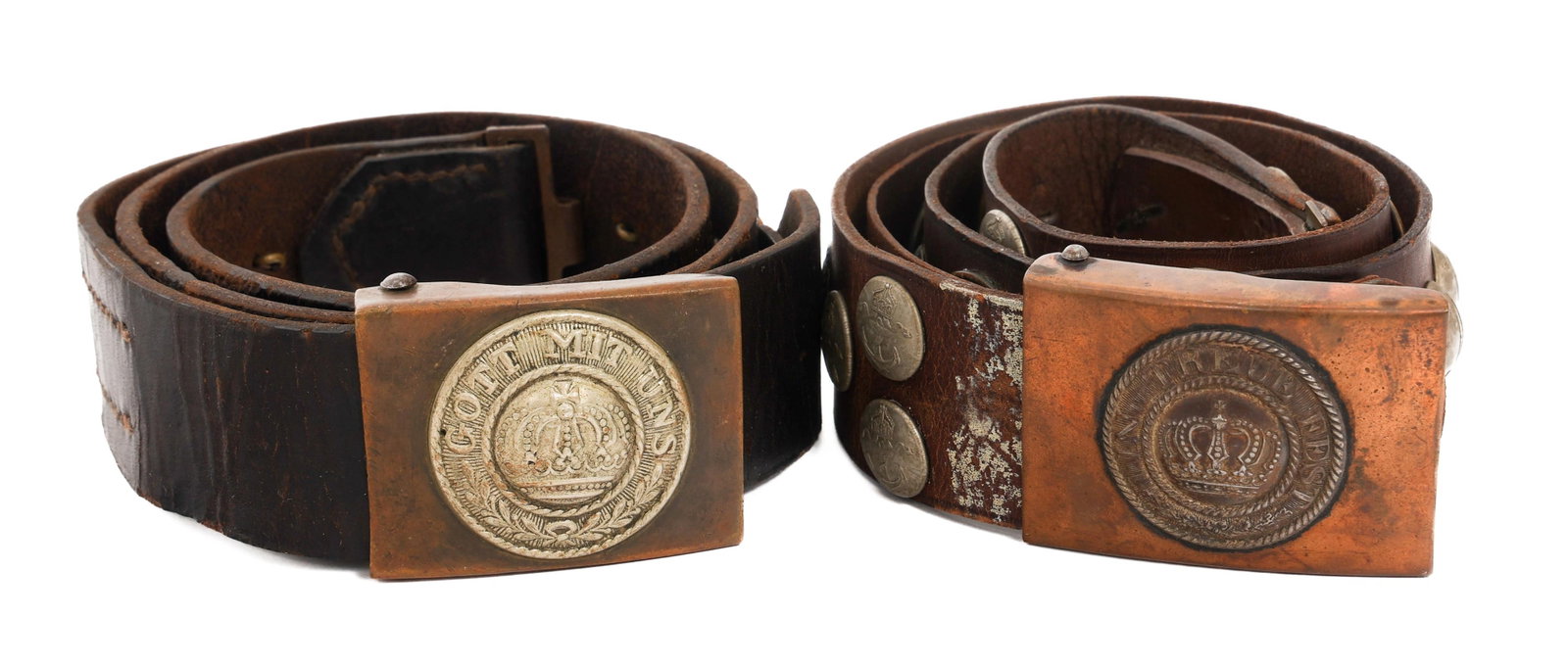WWI IMPERIAL GERMAN PRUSSIAN EM & SOUVENIR BELTS: WWI IMPERIAL GERMAN PRUSSIAN EM & SOUVENIR BELTS WWI Imperial German Prussian Enlisted Man / NCO Souvenir Belts. Leather construction with various regimental insignia. Prussian brass buckles.