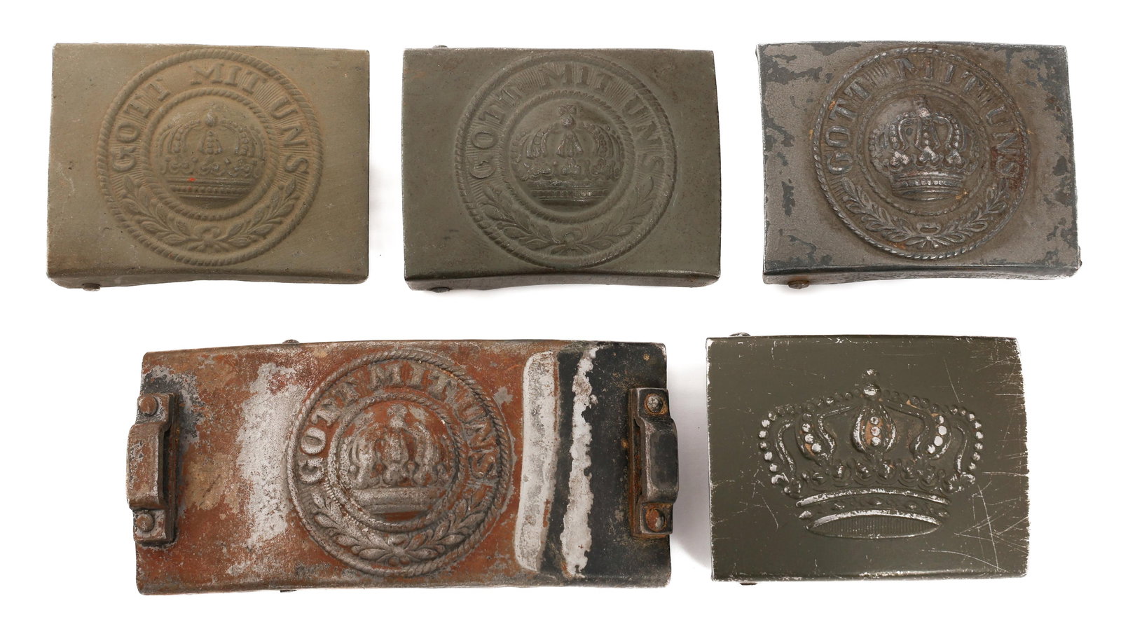 IMPERIAL GERMAN EM / NCO BELT BUCKLES: IMPERIAL GERMAN EM / NCO BELT BUCKLES Imperial German EM/NCO Belt Buckles. (1) Prussian Telegraphtruppen. (3) Prussian EM/NCO. (1) Hessen EM/NCO.