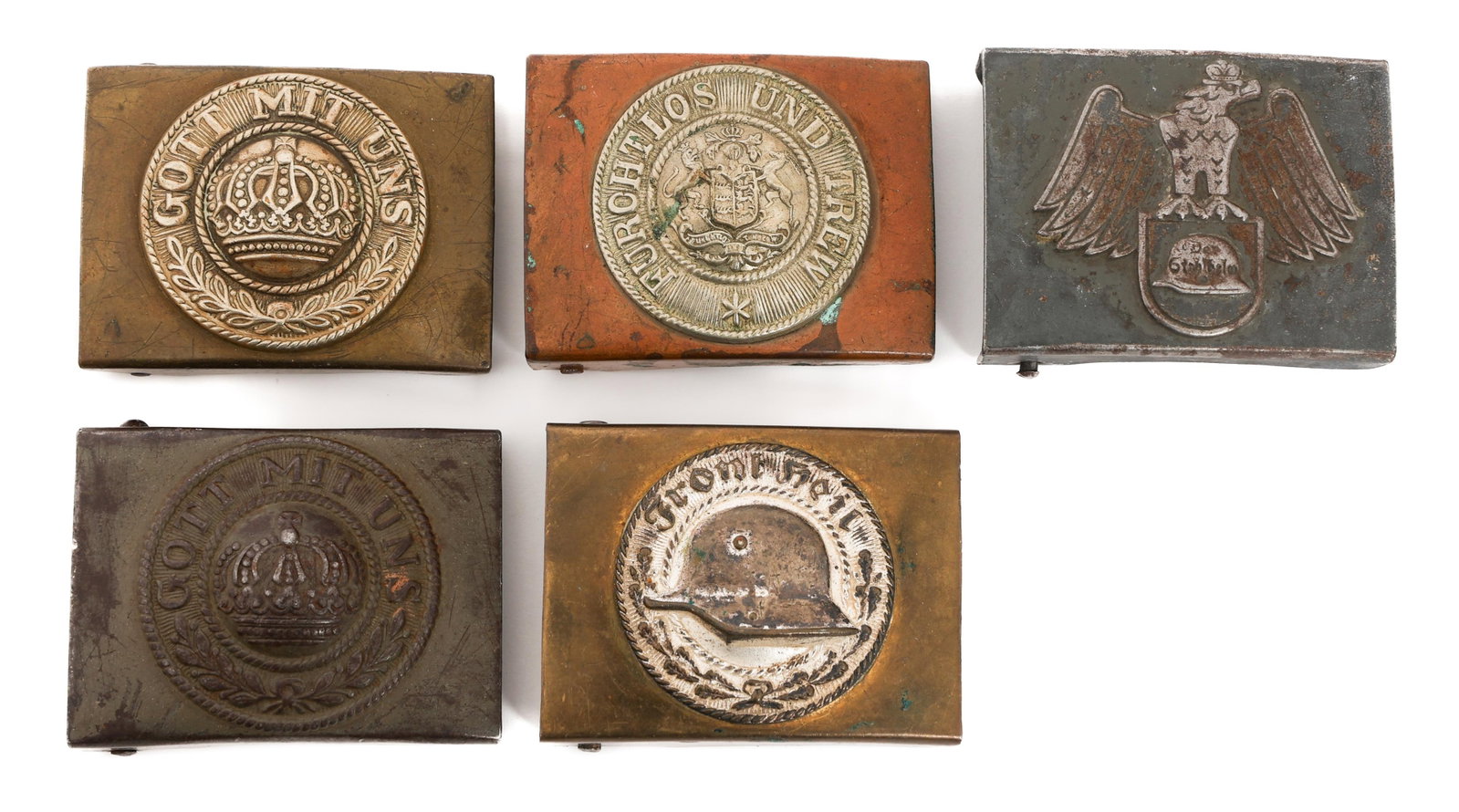 IMPERIAL GERMAN & VETERAN BELT BUCKLES: IMPERIAL GERMAN & VETERAN BELT BUCKLES Imperial German and Veteran Belt Buckles. (1) Early 1930's Stahlhelm. (1) 3rd Pattern Jung Stahlhelm. (1) Prussian EM. (1) Wurtemburg EM.