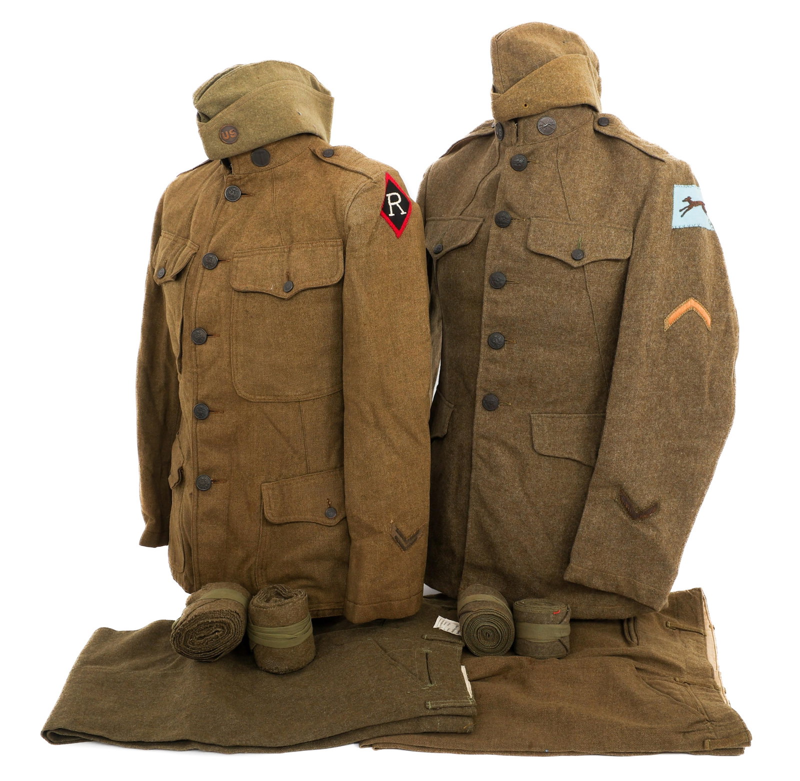 WWI US ARMY RAILWAY ENGINEER & POSTAL EM UNIFORMS: WWI US ARMY RAILWAY ENGINEER & POSTAL EM UNIFORMS WWI US Army Railway Engineer and Postal Express Enlisted Man Uniforms. Includes garrison caps, tunics with patches and collar insignia, trousers and w