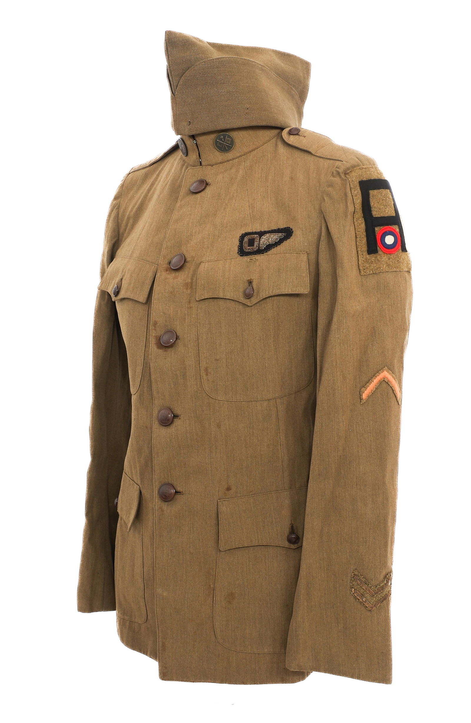 WWI US AEF 1st ARMY AIR SERVICE OBSERVER TUNIC: WWI US AEF 1st ARMY AIR SERVICE OBSERVER TUNIC WWI US AEF 1st Army Air Service Signal Corps NCO Observer Tunic. Khaki, officer's tunic with 1st AAS shoulder patch, bullion Signal Corps Staff Sergeant