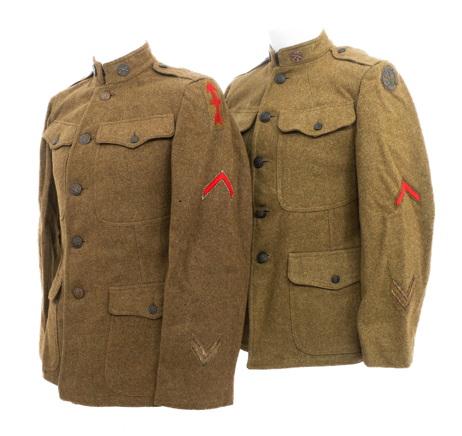 WWI US AEF 35th / 128th MG & 33rd DIV. EM TUNICS: WWI US AEF 35th / 128th MG & 33rd DIV. EM TUNICS WWI US AEF 35th Division, 128th Machine Gun Battalion and 33rd Division Enlisted Tunics. (1) 35th Div. Wool tunic with 35th Div. 128th MG shoulder patc