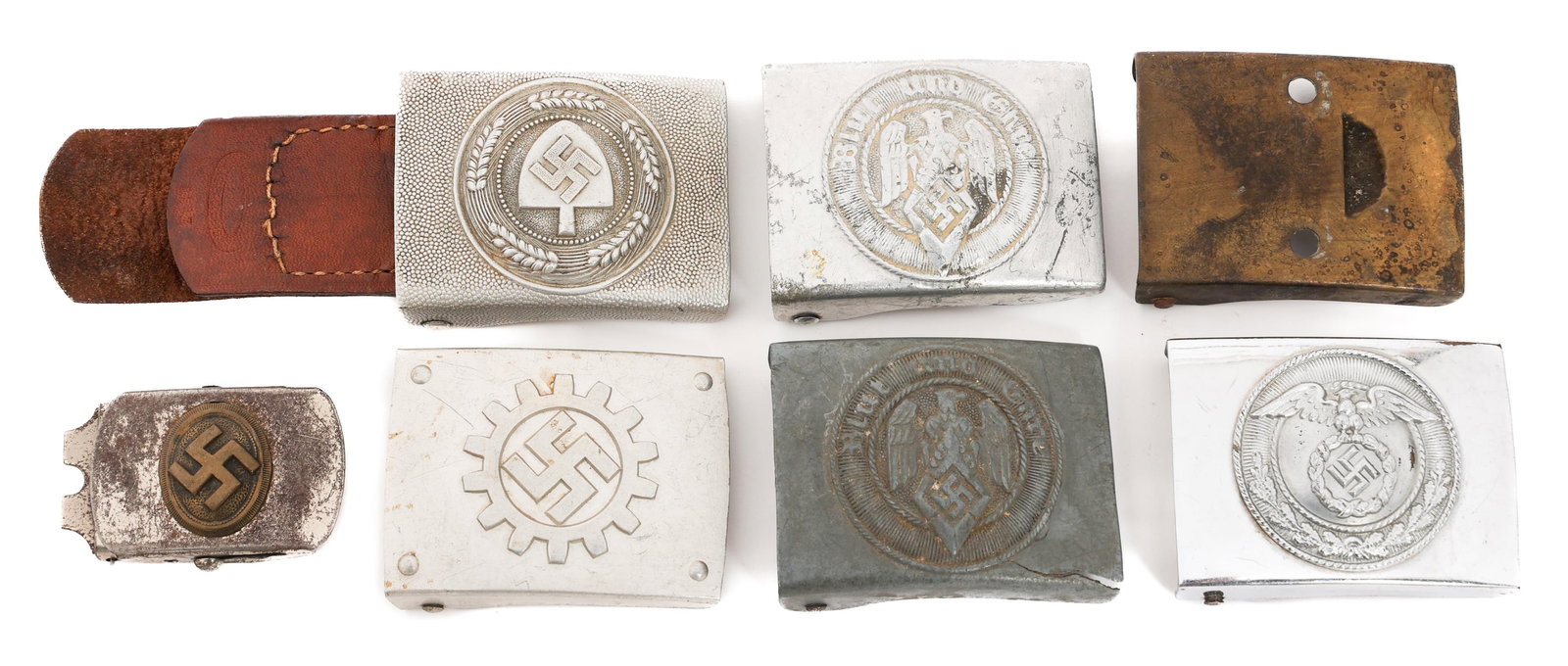 WWII GERMAN MILITARY & ORGANIZATION BELT BUCKLES: WWII GERMAN MILITARY & ORGANIZATION BELT BUCKLES WWII German Military and Organization Enlisted Man Belt Buckles. (2) Hitler Youth. (1) DAF. (1) SA. (1) RAD. Leather tab present. And more.