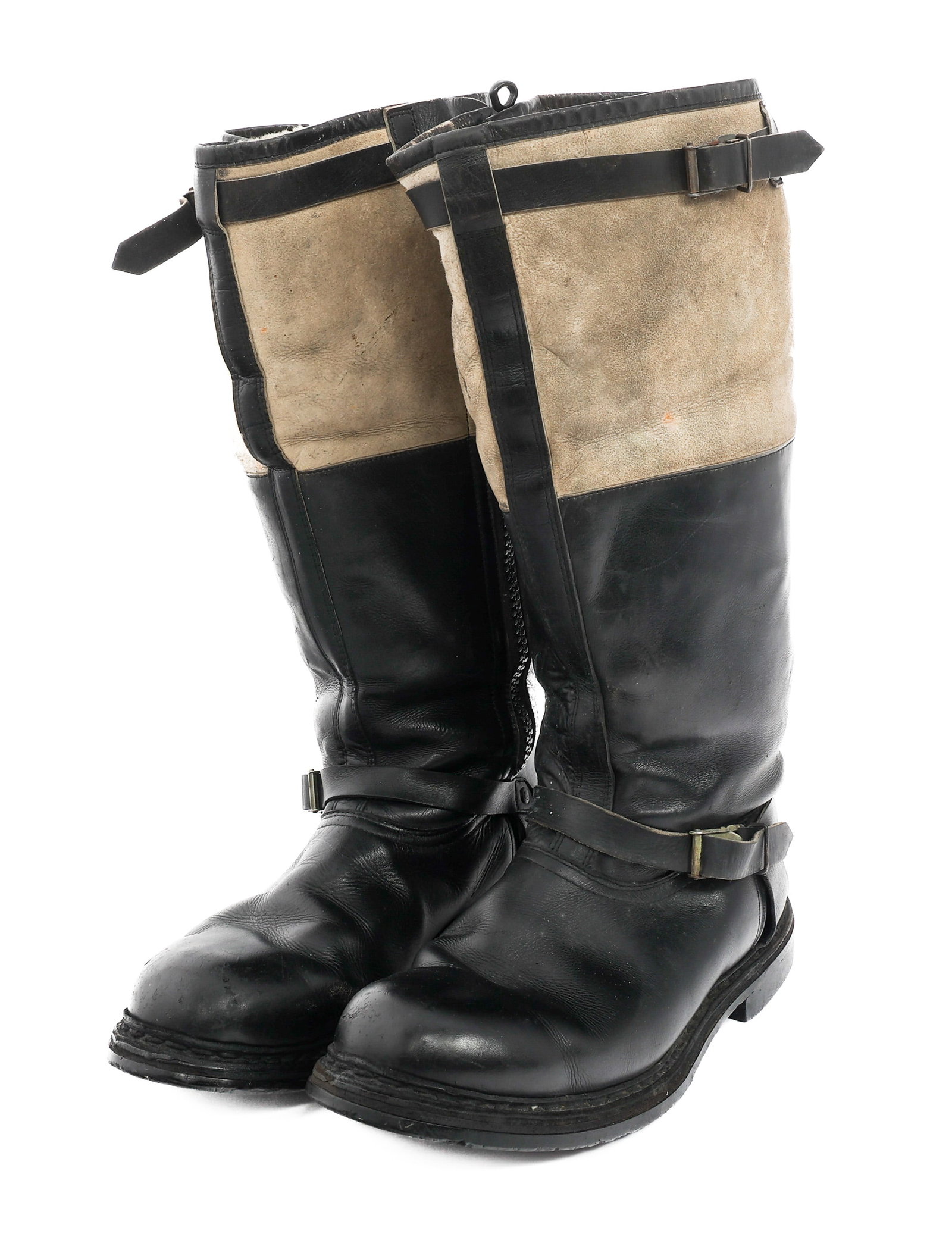 WWII GERMAN LUFTWAFFE WINTER FLYING BOOTS: WWII GERMAN LUFTWAFFE WINTER FLYING BOOTS WWII German Luftwaffe Winter Flying Boots. Black leather and suede construction with sheep's wool liner. RBNr. 0/0344/005 maker tag present. Rubber sole marke