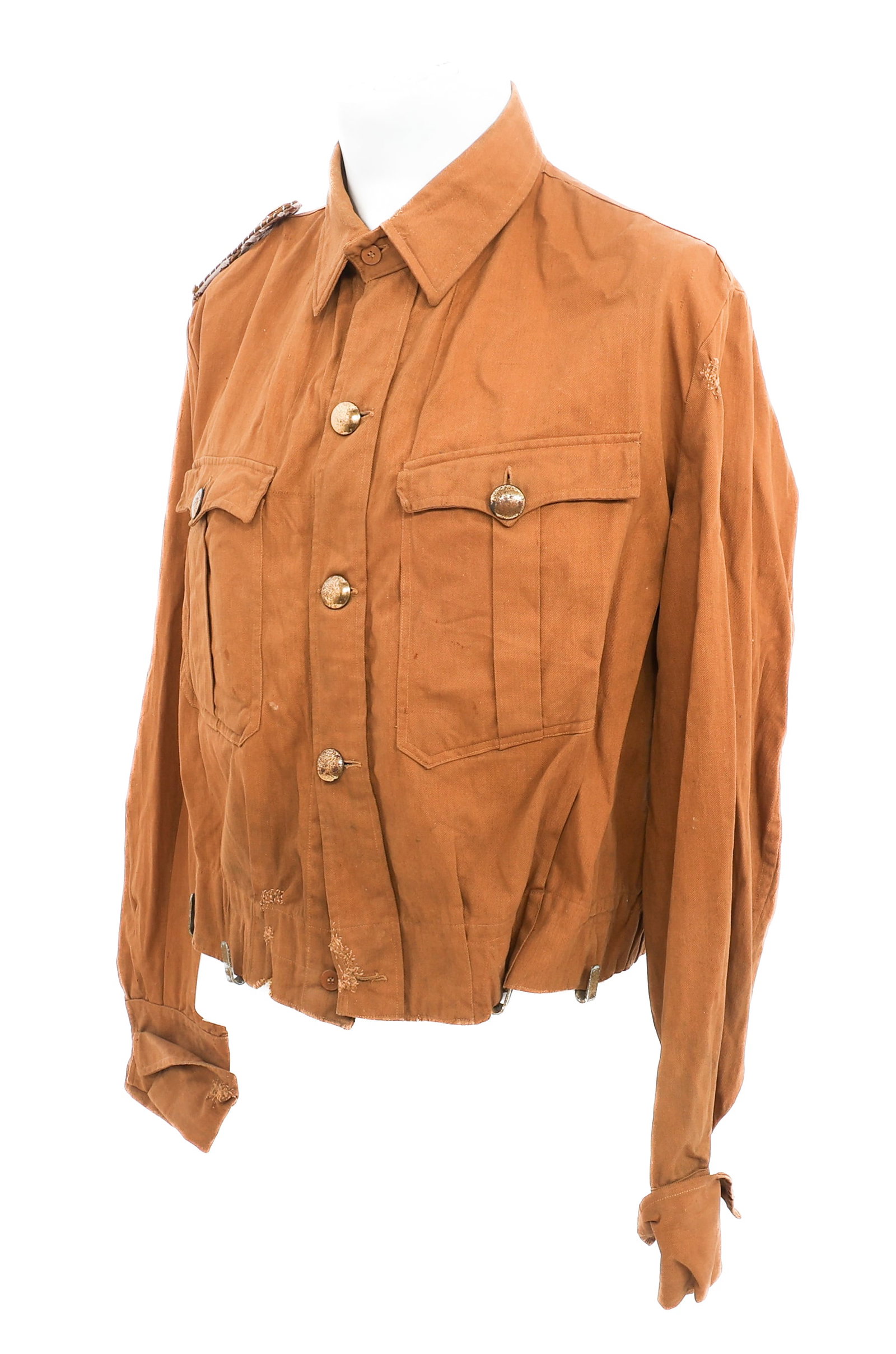 WWII GERMAN ENLISTED SA BROWNSHIRT: WWII GERMAN ENLISTED SA BROWNSHIRT WWII German Enlisted SA Brownshirt. Brown cotton shirt with single enlisted shoulder board. Unmarked buttons. RZM tag present near the waist and Ink stamps on the co