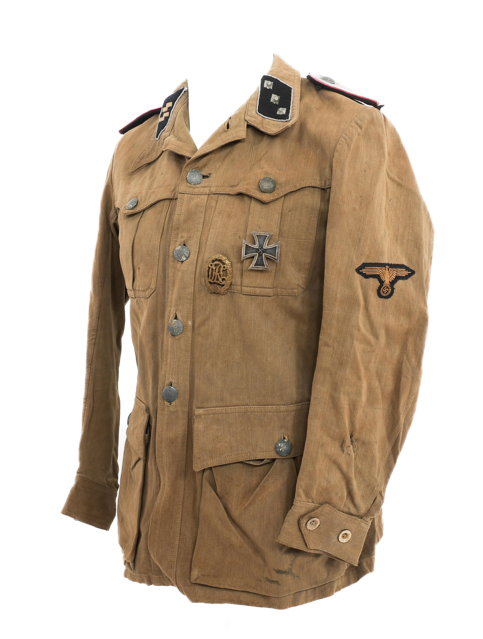 WWII GERMAN WAFFEN-SS PANZER SAHARIANA TUNIC: WWII GERMAN WAFFEN-SS PANZER SAHARIANA TUNIC WWII German Waffen-SS Panzer Officer Sahariana Combat Tunic. Khaki cotton/rayon blend tunic with Panzer Officer shoulder boards, SS-Untersturmführer and "