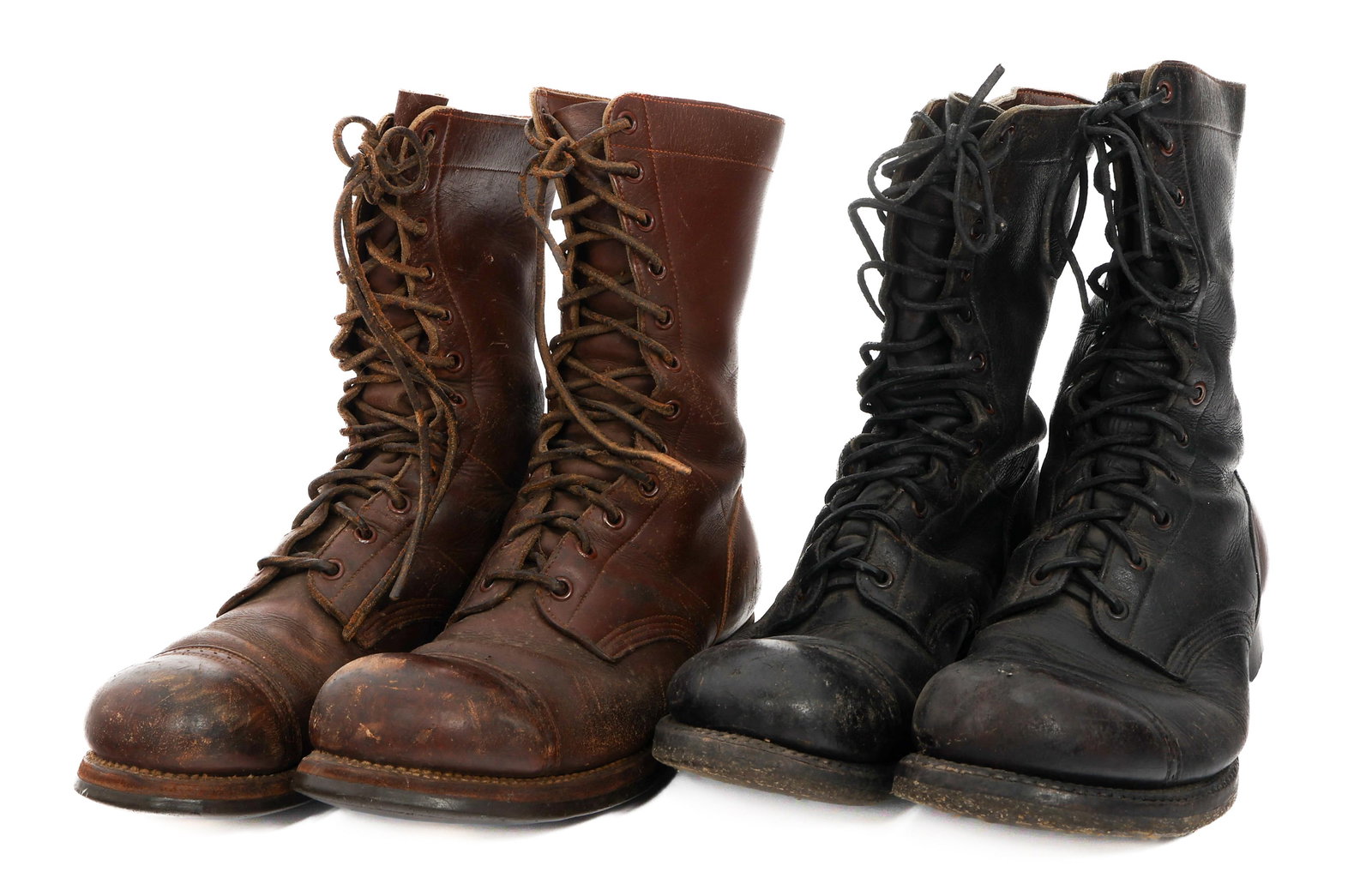 WWII US ARMY PARATROOPER JUMP BOOTS: WWII US ARMY PARATROOPER JUMP BOOTS WWII US Army Paratrooper Jump Boots. One pair has replaced heels on the soles, one pair has been blackened. Stamps present in both. Dated 1943. Size: 8, 10