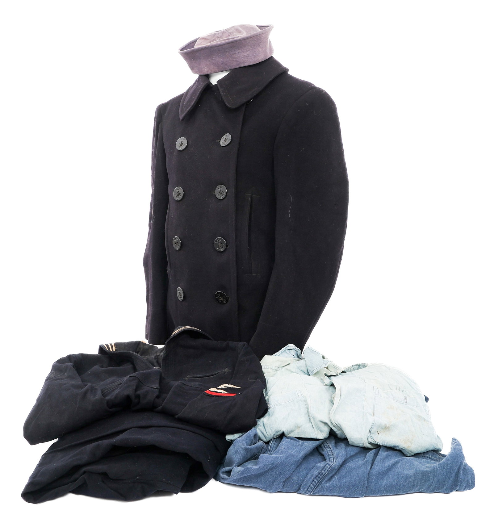 WWII US NAVY DENIM & DRESS UNIFORMS: WWII US NAVY DENIM & DRESS UNIFORMS WWII US Navy Denim and Dress Uniforms. (1) Denim Shirt. (1) Denim Bag. (1) Pair of Denim Trousers. (1) Wool Blouse. Aviation Electricians Mate Petty Officer 3rd Cla