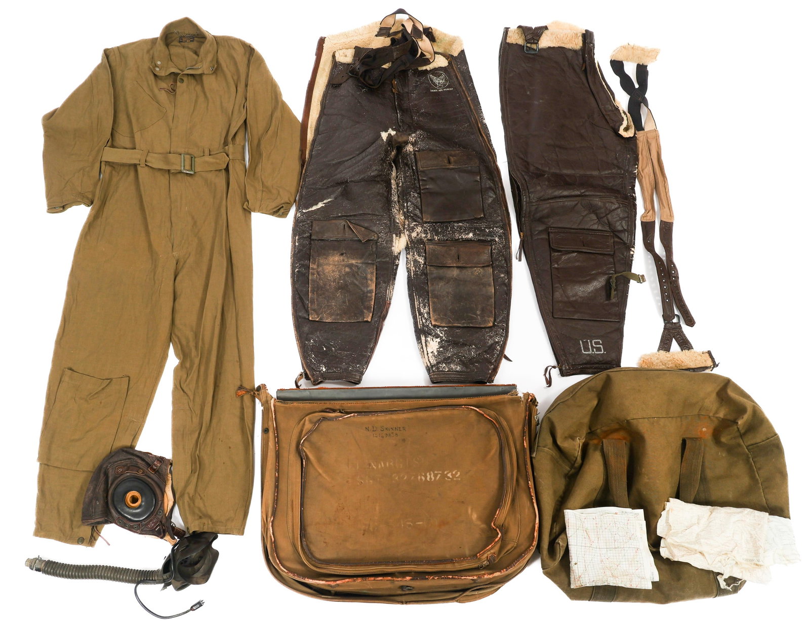 WWII US FLIGHT SUITS & HELMETS, BAG, MAP & MASK: WWII US FLIGHT SUITS & HELMETS, BAG, MAP & MASK WWII USAAF and Navy Flight suits and Helmets, Garment Bag, E&E Map, and Oxygen Mask. (1) Type A-4 Flightsuit. Crown zipper. (1) No.32 & No. 33 French In