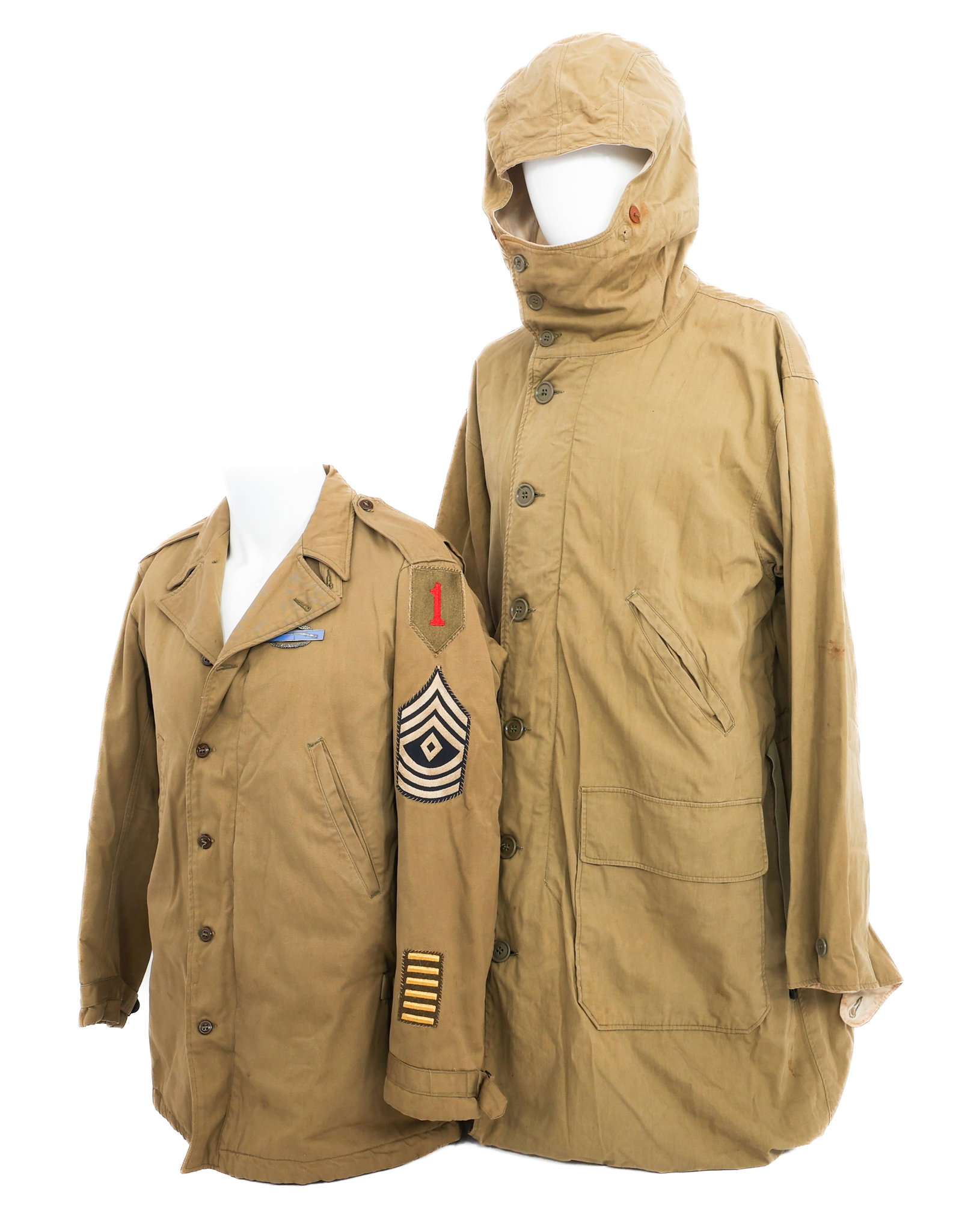 WWII US ARMY ARCTIC FIELD JACKET & PARKA OVERCOAT: WWII US ARMY ARCTIC FIELD JACKET & PARKA OVERCOAT WWII US Army Arctic Field Jacket and Reversible Winter Parka Overcoat. (1) Arctic Field Jacket. CIB pin, 1st Infantry Division and 1st Sergeant patche