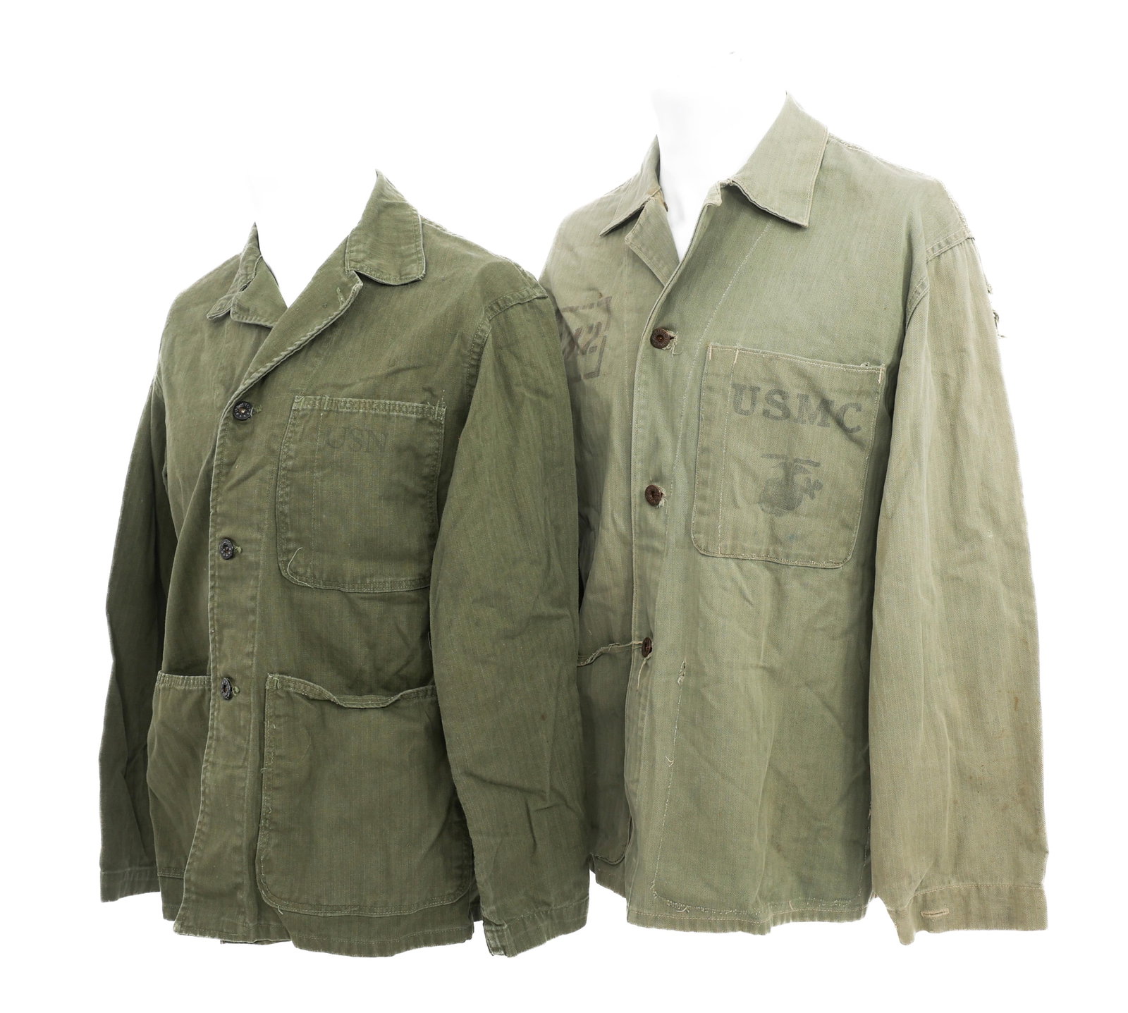 WWII USMC UNIS & NAVY P41 HBT COMBAT SHIRTS: WWII USMC UNIS & NAVY P41 HBT COMBAT SHIRTS WWII US Marine Corps UNIS & Navy Pattern 1941 HBT Combat Shirts. (1) USMC P41 HBT with UNIS marking, "USMC", and EGA insignia ink stamped on the breast. Sig