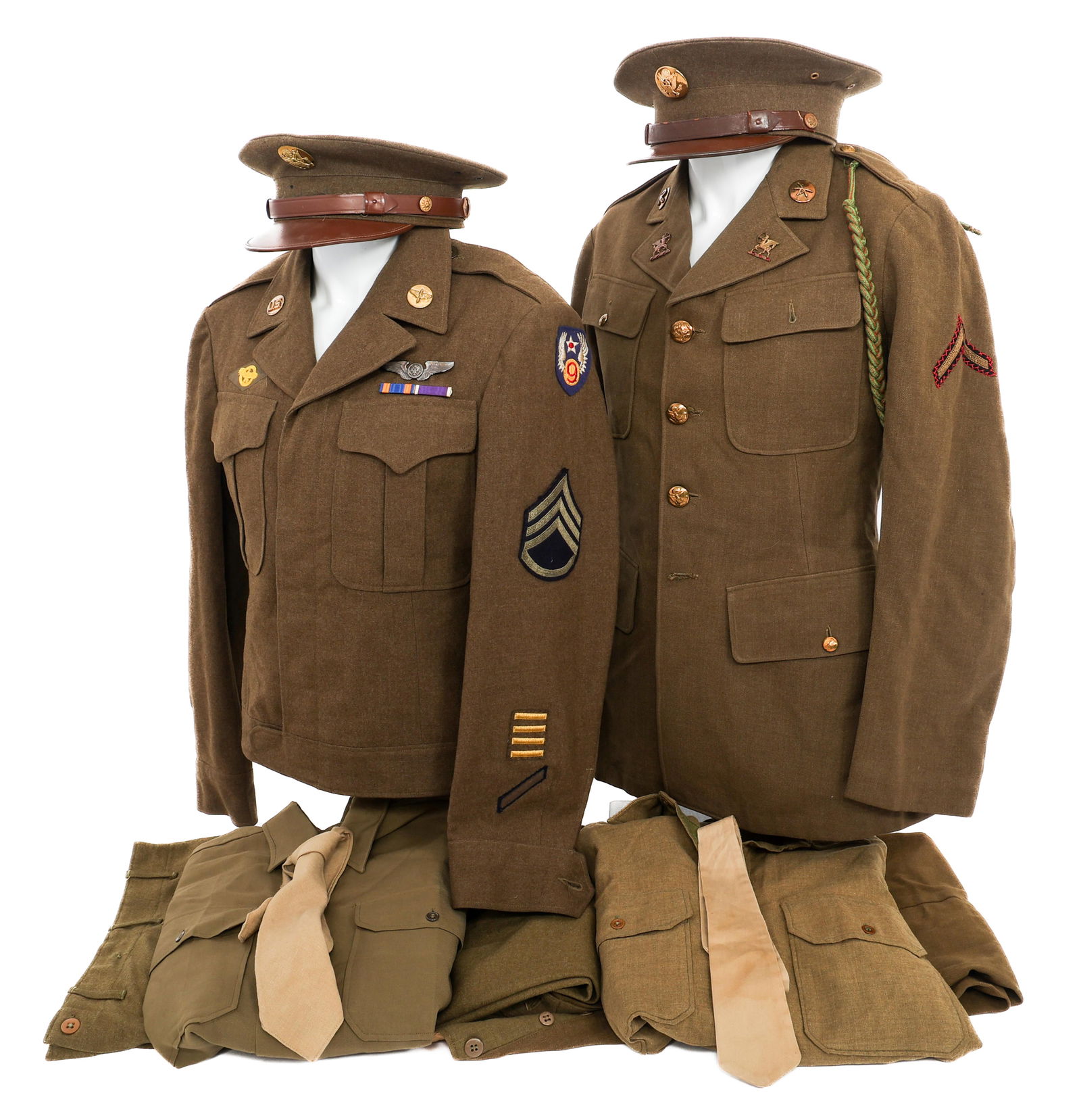 WWII US ARMY & AAF ENLISTED/NCO UNIFORMS: WWII US ARMY & AAF ENLISTED/NCO UNIFORMS WWII US Army Enlisted/NCO Uniforms. (1) 9th Airforce Staff Sergeant Uniform. Ike Jacket with unit patch, rank insignia, aircrew wings, enlisted collar disks, a