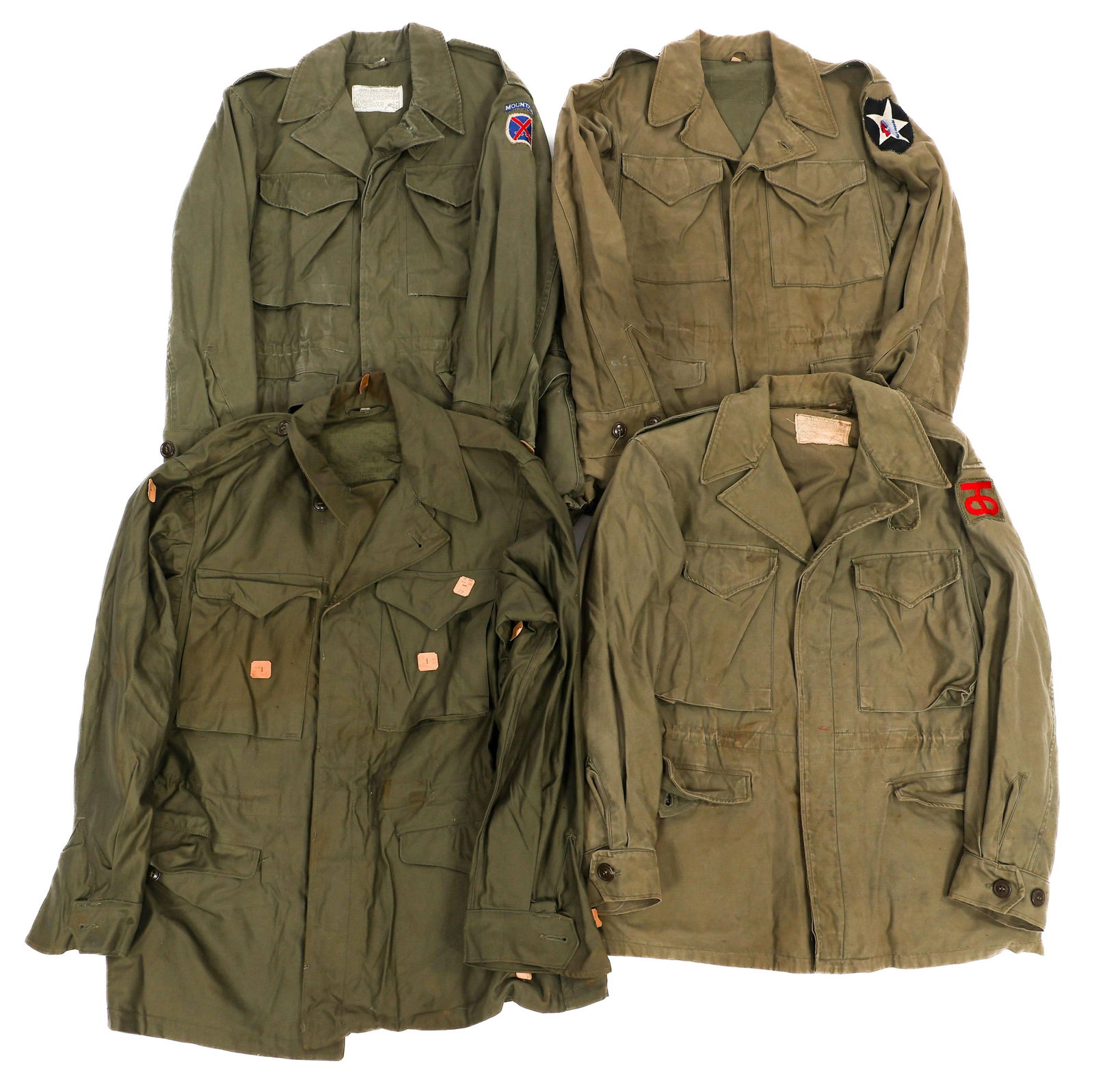 WWII US ARMY 10th MOUNTAIN & 2nd ID M43 JACKETS: WWII US ARMY 10th MOUNTAIN & 2nd ID M43 JACKETS WWII US Army 10th Mountain, 2nd Infantry and 90th Infantry Divisions M43 Field Jackets. (1) 10th Mountain M43. 10th Mtn. shoulder patch. Quartermaster t