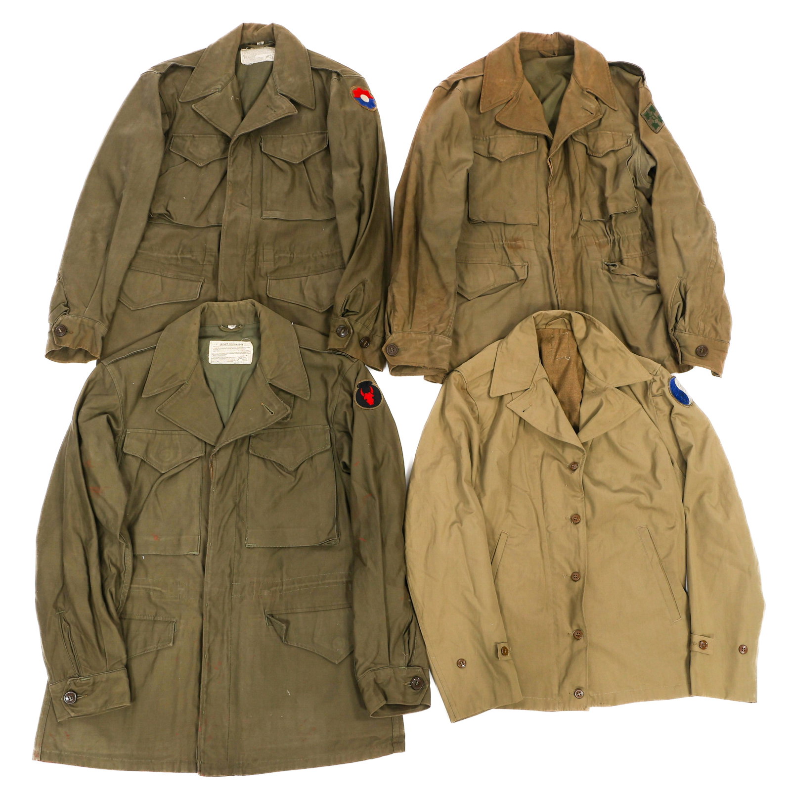 WWII US ARMY INF DIVISIONS M41 & M43 FIELD JACKETS: WWII US ARMY INF DIVISIONS M41 & M43 FIELD JACKETS WWII US Army Infantry Divisions M41 & M43 Field Jackets. (1) 29th Infantry Division M41 Field Jacket. No size visible. (3) 4th, 9th, & 34th Infantry 