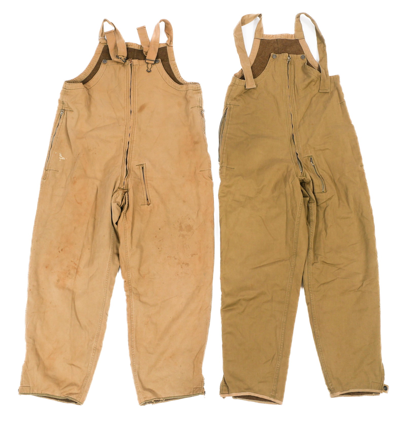 WWII US ARMY TANKER BIB WINTER OVERALLS: WWII US ARMY TANKER BIB WINTER OVERALLS WWII US Navy Deck Overalls. Khaki, cotton exterior with thick wool lining. Conmar and Talon Zippers. No visible stamps or tags. 13 star buttons. Size: Medium