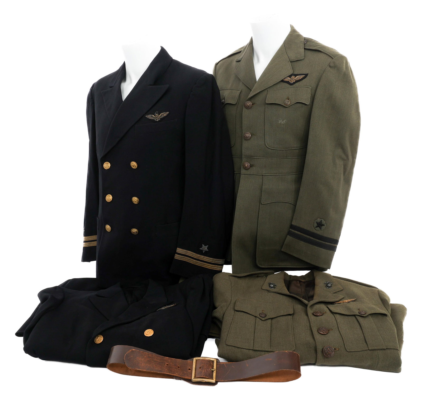 WWII USMC & USN AVIATOR NAMED UNIFORMS: WWII USMC & USN AVIATOR NAMED UNIFORMS WWII US Marine Corps and Navy Aviator Uniforms. (1) USMC Aviator Service Alpha Uniform. Named to R.A. Carpenter 822-7722. Green tunic with collar insignia, 3" wi