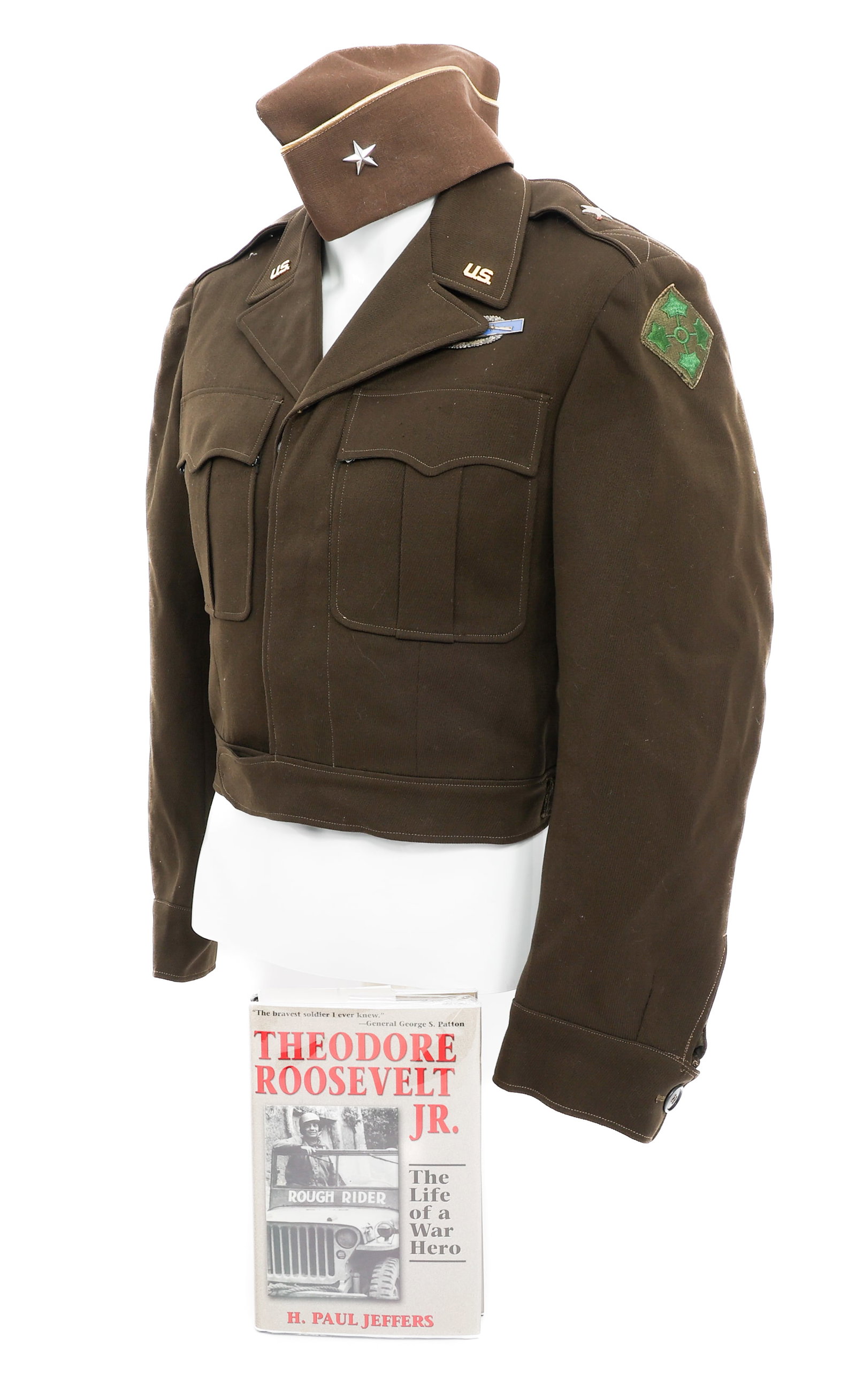 WWII TEDDY ROOSEVELT JR TRIBUTE IKE JACKET & CAP: WWII TEDDY ROOSEVELT JR TRIBUTE IKE JACKET & CAP WWII US Army Teddy Roosevelt Jr Tribute Ike Jacket and Garrison Cap. (1) Garrison Cap. (1) Ike Jacket. 4th Infantry Division Shoulder Patch. Brigadier 