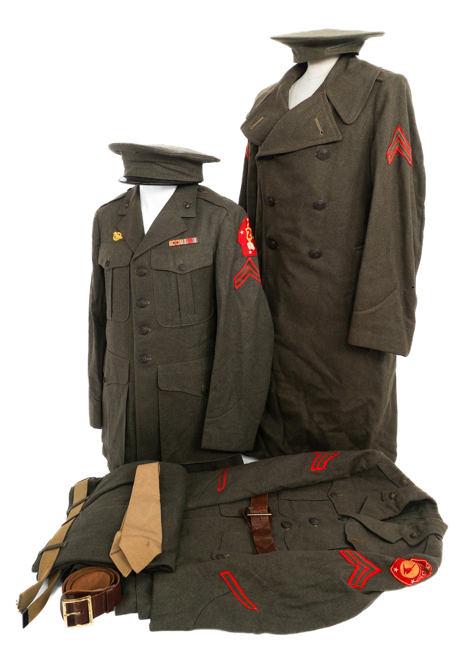 WWII US MARINE CORPS NCO SERVICE UNIFORM SETS: WWII US MARINE CORPS NCO SERVICE UNIFORM SETS WWII US Marine Corps NCO Service Uniform Sets. (1) 2nd Marine Division Corporal Uniform. Olive drab wool service tunic with unit patch, rank insignia, and