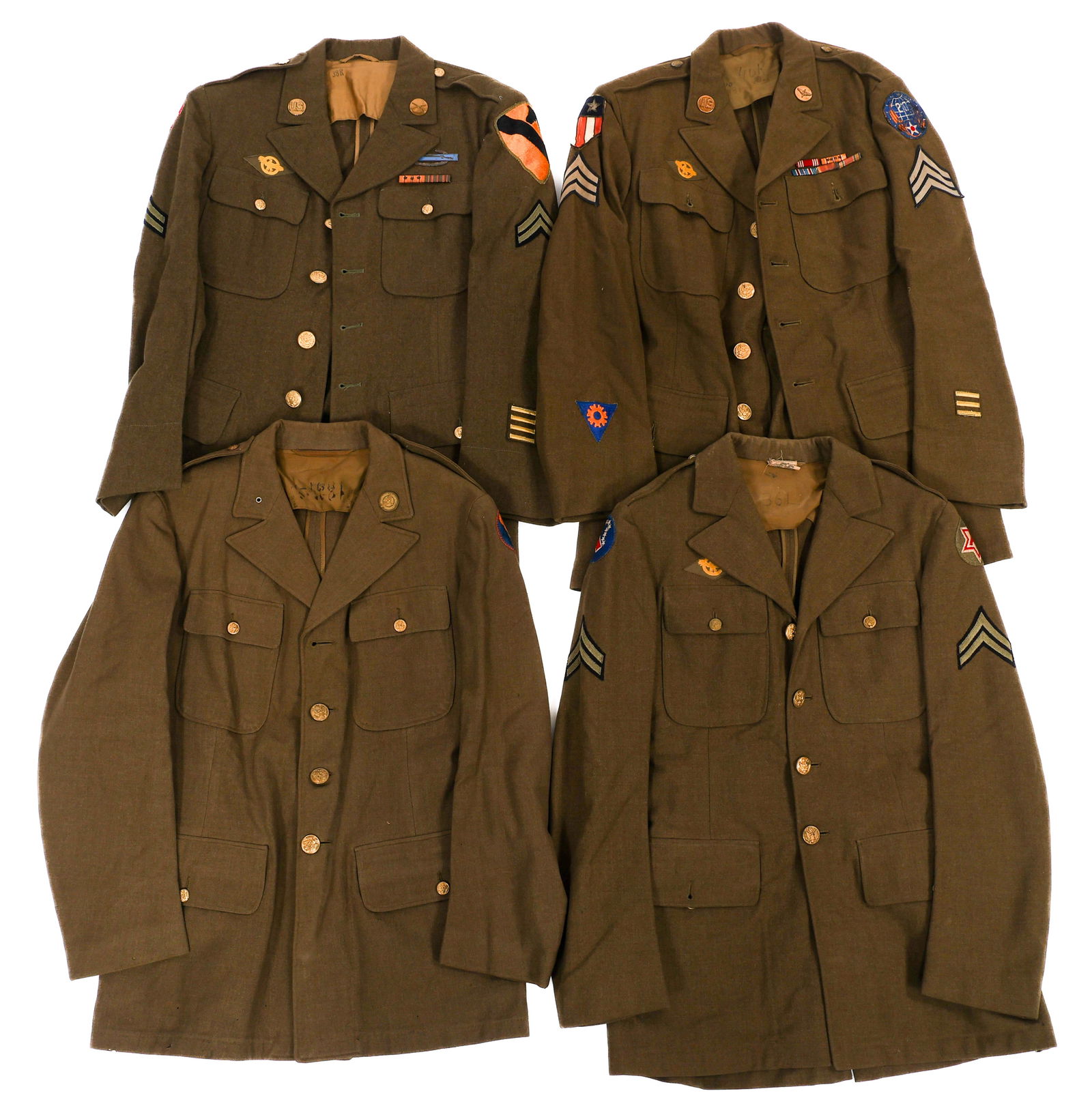 WWII US ARMY ENLISTED/NCO SERVICE TUNICS: WWII US ARMY ENLISTED/NCO SERVICE TUNICS Four WWII US Army & USAAF Enlisted/NCO Service Tunics. Includes USAAF, CBI, 1st Cavalry Division, and 6th Army tunics. All have patches and insignia. CBI patch