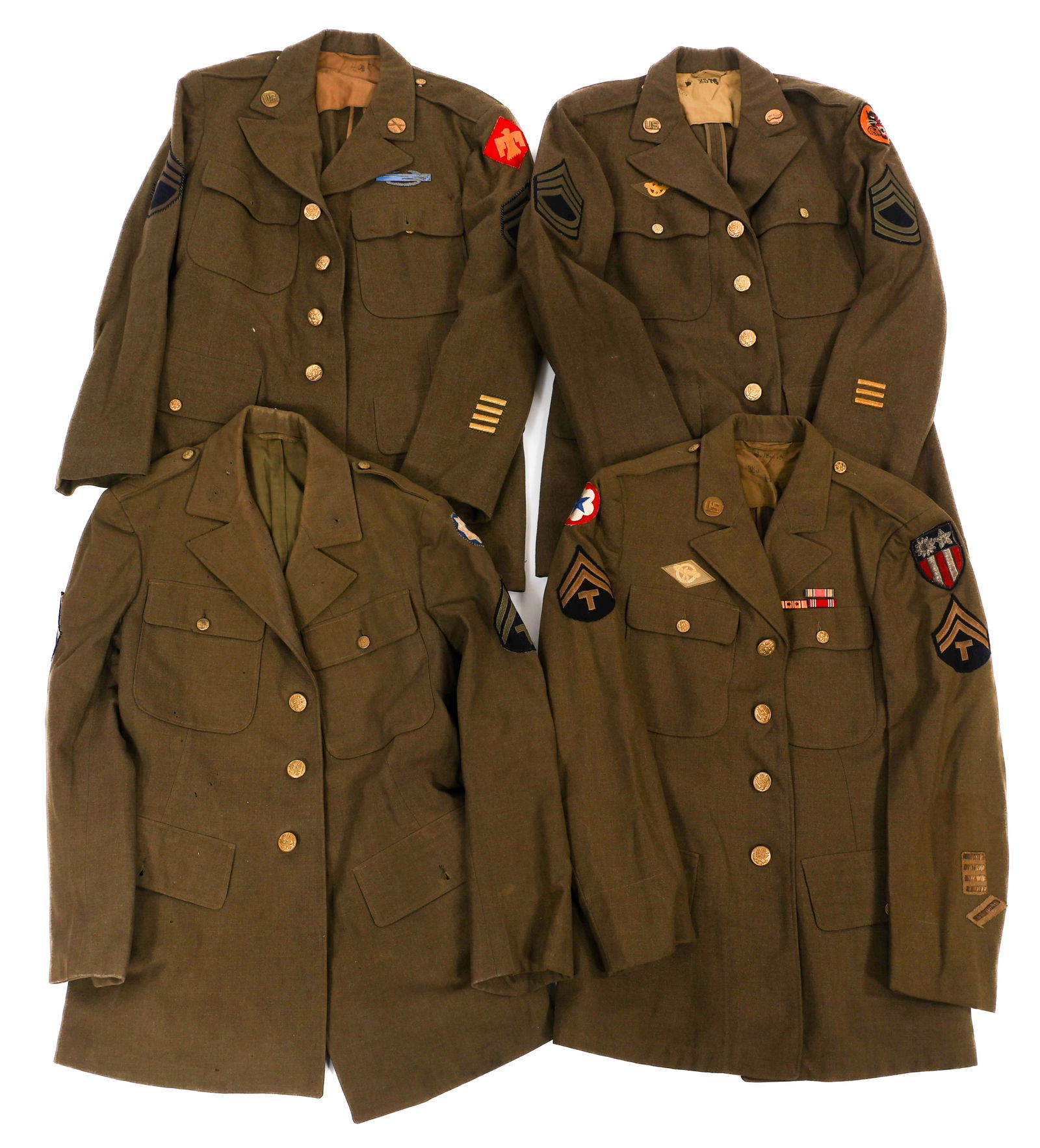 WWII US ARMY ENLISTED/NCO SERVICE TUNICS: WWII US ARMY ENLISTED/NCO SERVICE TUNICS Four WWII US Army & USAAF Enlisted/NCO Service Tunics. Includes CBI Service Forces, 8th Service Command, 45th Infantry Division and Tank Destroyer Battalion. V