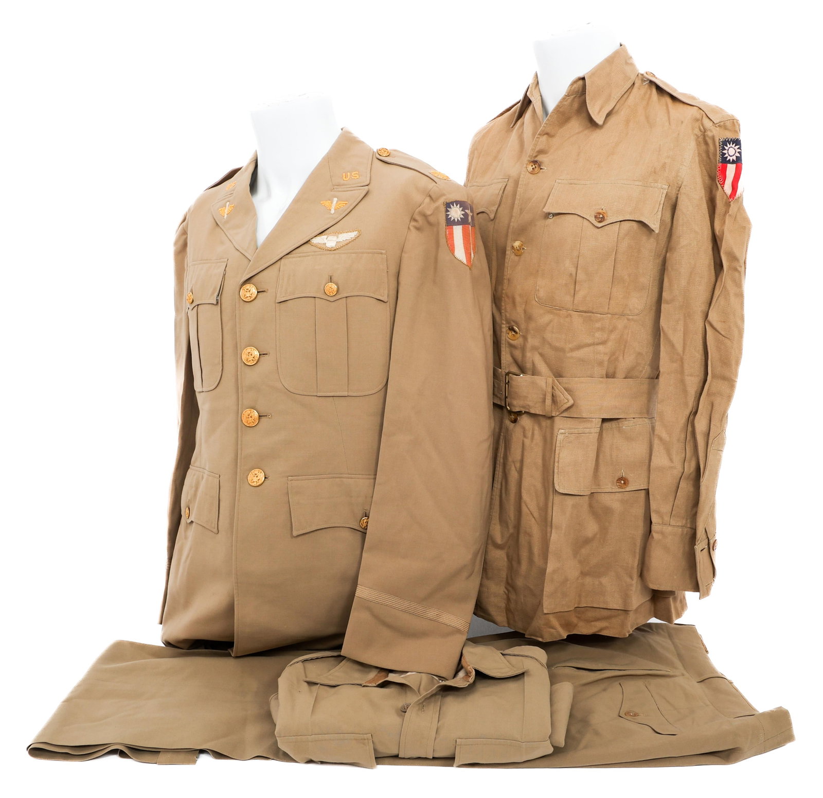 WWII US ARMY MAJOR CBI UNIFORM & BUSH JACKET: WWII US ARMY MAJOR CBI UNIFORM & BUSH JACKET WWII US Army Major CBI Uniform and Bush Jacket. (1) CBI Tunic. Embroidered Pilot wings, Major's shoulder boards and collar insignia. CBI Shoulder Patch. Ta