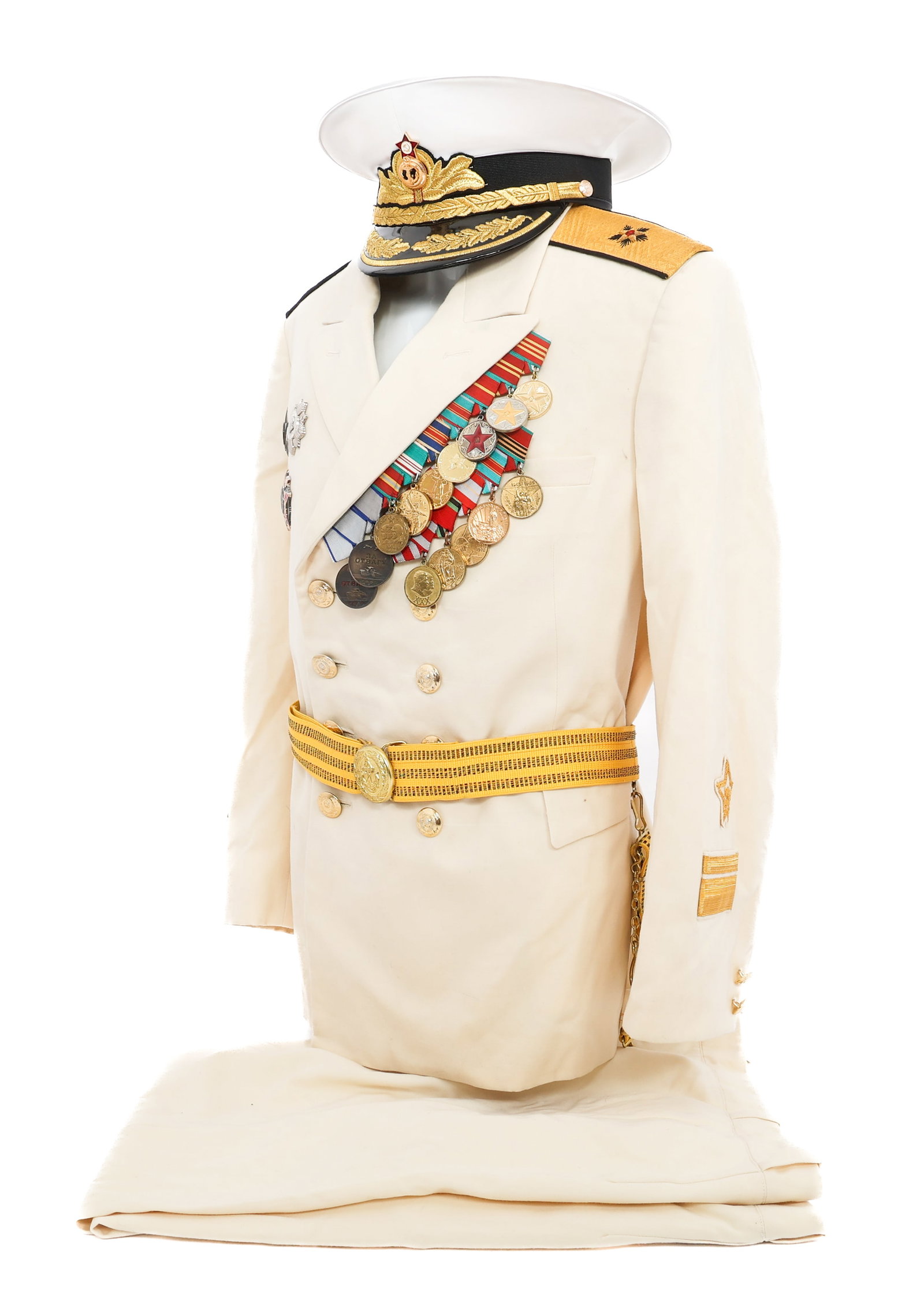 USSR NAVY COUNTER ADMIRAL UNIFORM: USSR NAVY COUNTER ADMIRAL UNIFORM Cold War Era USSR Navy Counter Admiral Summer White Uniform. (1) Officer Visor. (1) Tunic. Counter Admiral Shoulder Boards. Medal bar present. Matching trousers. (1) 