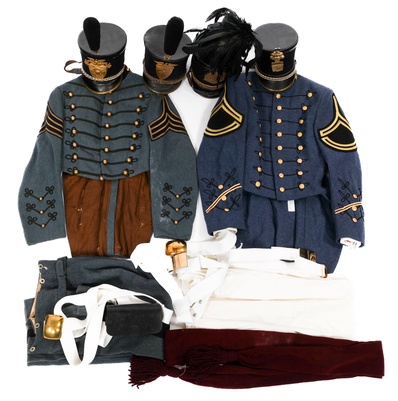 WWI - CURRENT US MILITARY ACADEMY CADET UNIFORMS: WWI - CURRENT US MILITARY ACADEMY CADET UNIFORMS WWI - Current US Military Academy Cadet Uniform Items. Includes shako caps, tunic, tail coat, trousers, crimson sash, and more. Size: Medium