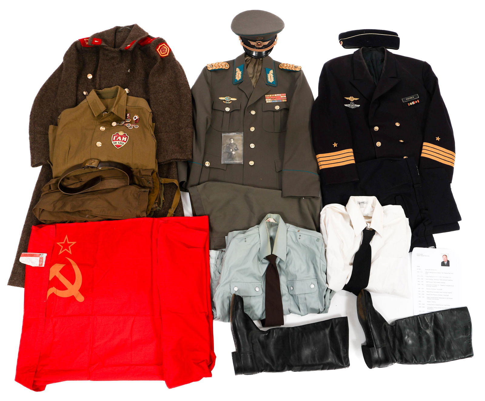 COLD WAR ERA WEST & EAST GERMAN & SOVIET UNIFORMS: COLD WAR ERA WEST & EAST GERMAN & SOVIET UNIFORMS Cold War Era Named West German Navy Pilot, East German General and Soviet Uniforms. (1) East German Air Force General's Tunic. Matching trousers and s