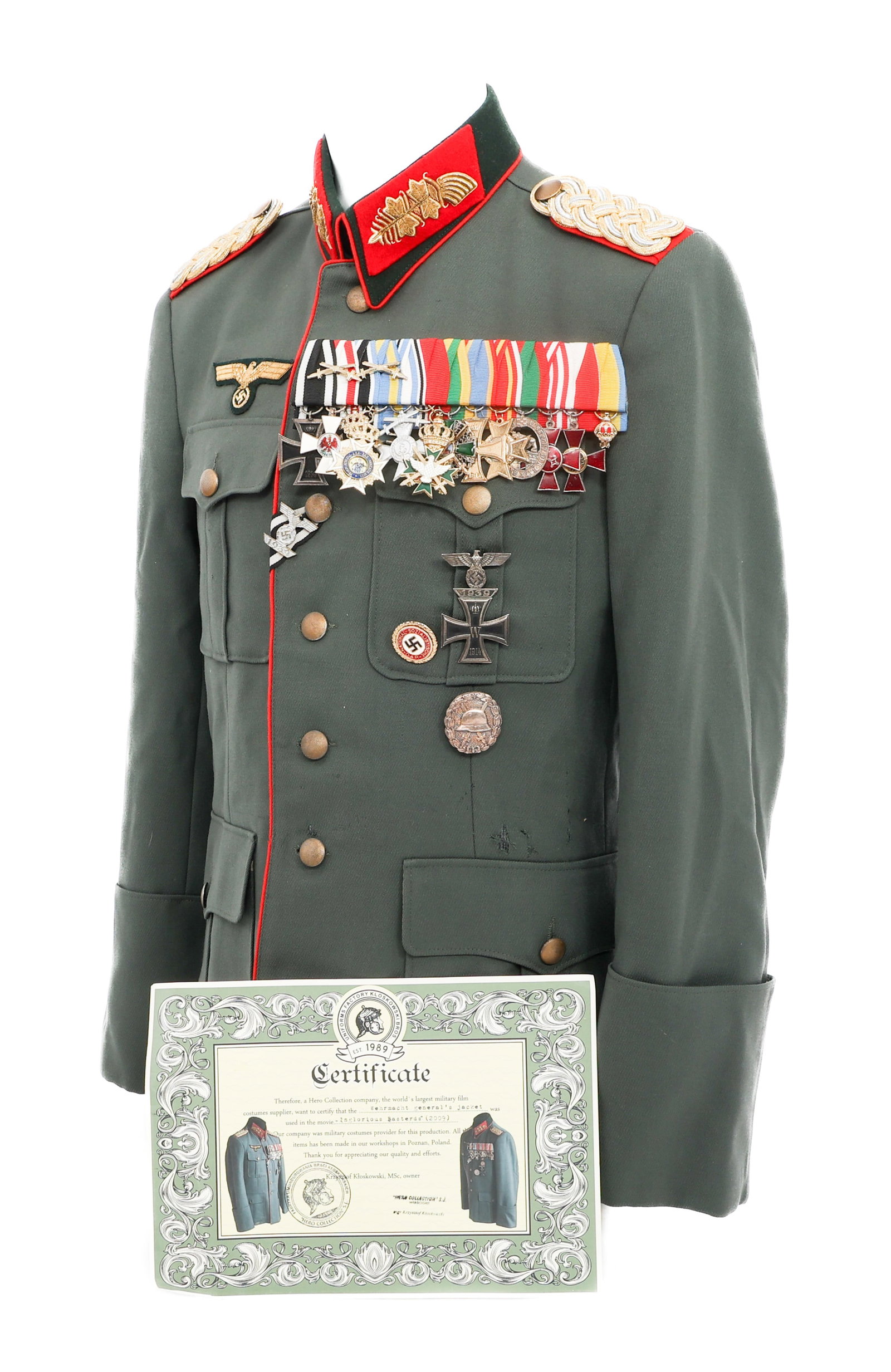 INGLOURIOUS BASTERDS MOVIE PROP WWII GERMAN TUNIC: INGLOURIOUS BASTERDS MOVIE PROP WWII GERMAN TUNIC "Inglourious Basterds" Movie Prop WWII German Wehrmacht Officer M36 Tunic. Includes Kloskowski Bros certificate stating its use in the production of "
