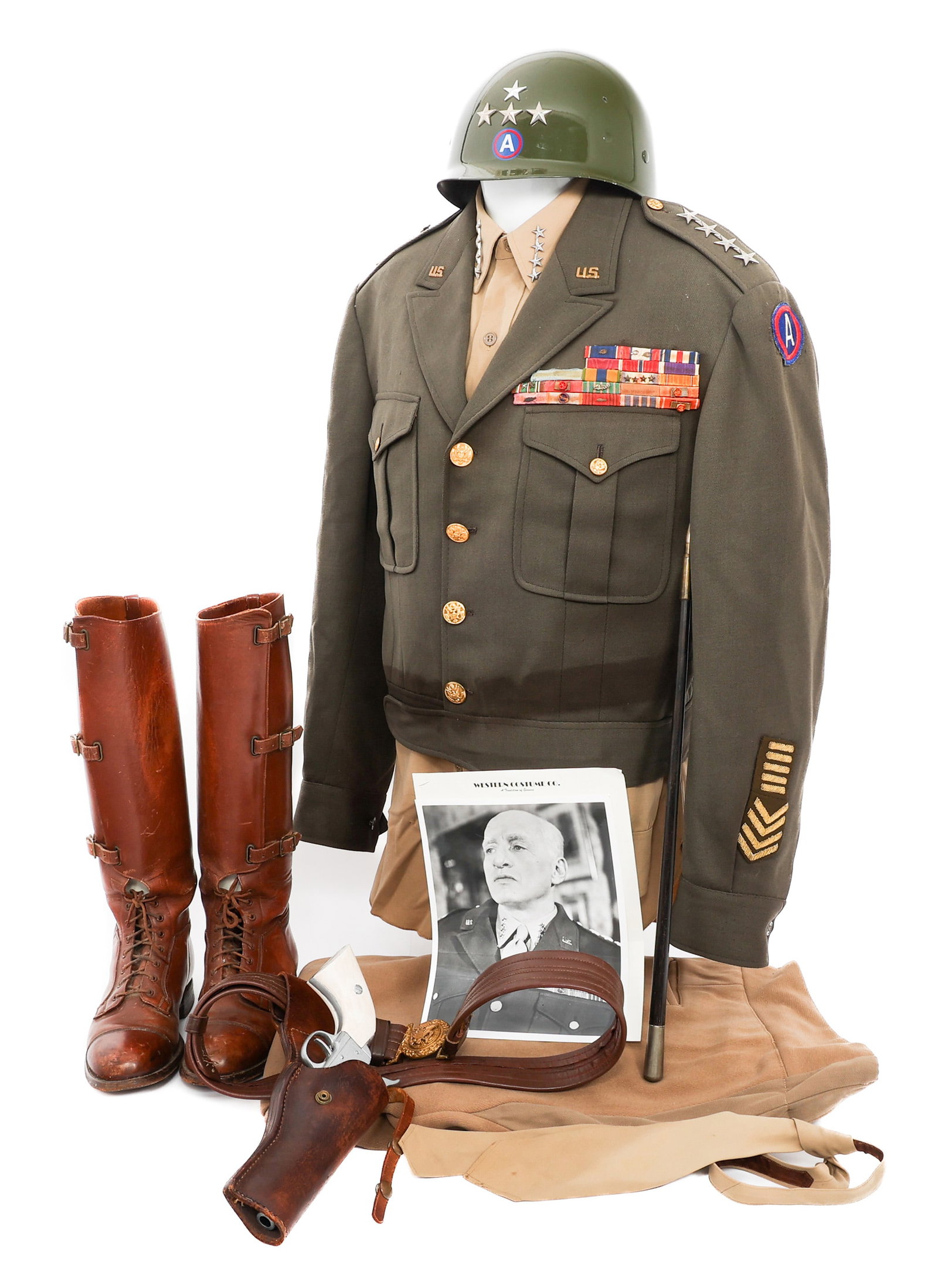 1970 "PATTON" GEORGE C. SCOTT MOVIE PROP UNIFORM: 1970 "PATTON" GEORGE C. SCOTT MOVIE PROP UNIFORM 1970 "Patton" Movie Prop Uniform Set worn by George C. Scott. Includes letter of authenticity from Western Costume Company certifying its use in the mo