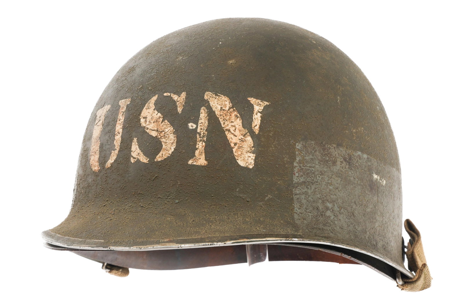 WWII US NAVY BEACH LANDING REENACTOR M1 HELMET: WWII US NAVY BEACH LANDING REENACTOR M1 HELMET WWII Refurbished US Navy Beach Landing Reenactor M1 Helmet. Post war USN painted exterior. Front seam, fixed bale construction with OD3 chinstrap. Lot nu