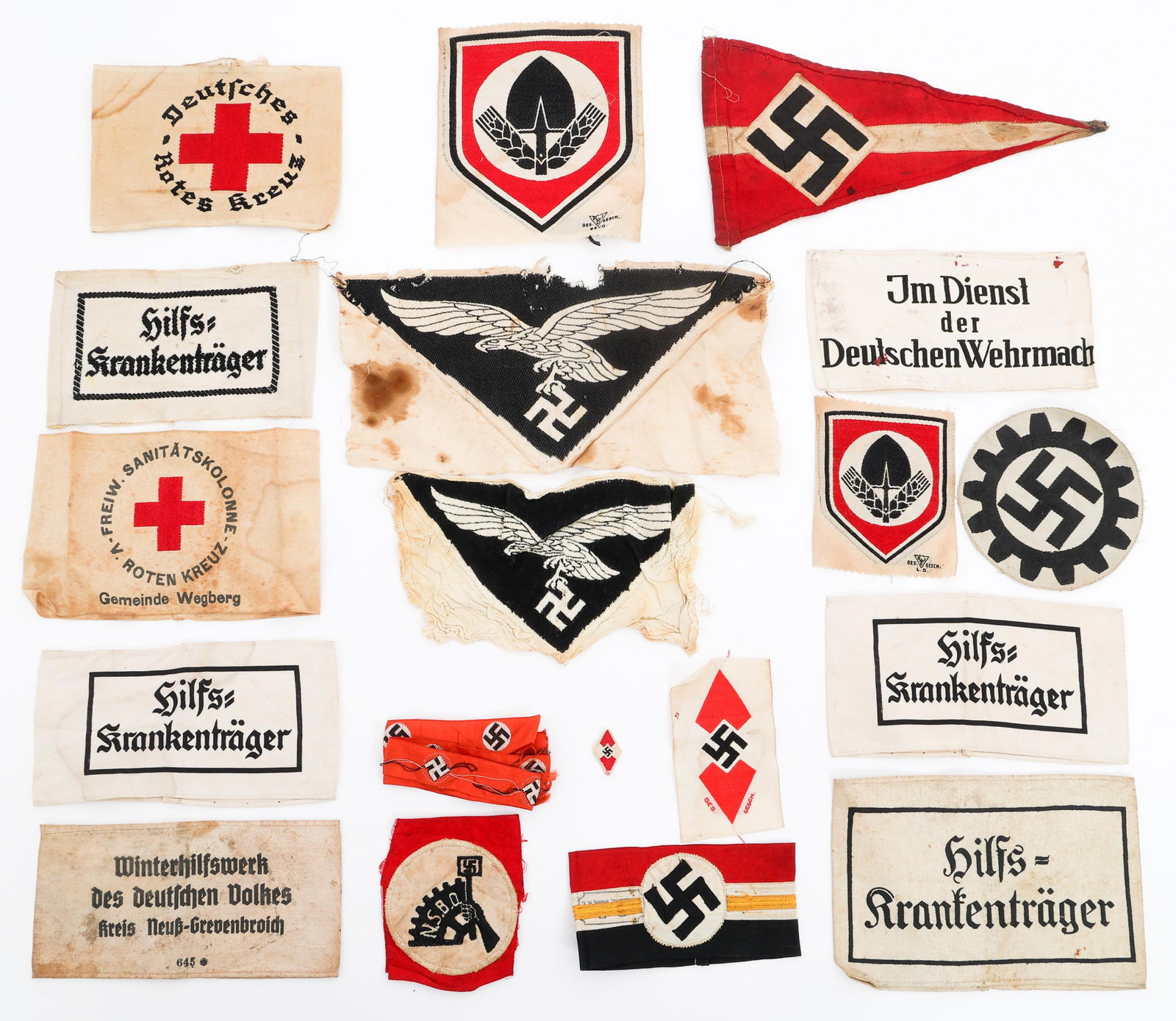 WWII GERMAN PARTY ARMBANDS, PATCHES & INSIGNIA: WWII GERMAN PARTY ARMBANDS, PATCHES & INSIGNIA WWII German Party Armbands, Patches, Shirt Eagles, Ribbon and Pennant. Includes Luftwaffe, HJ, RAD, DAF, NSDAP, Red Cross, Wehrmacht and more.
