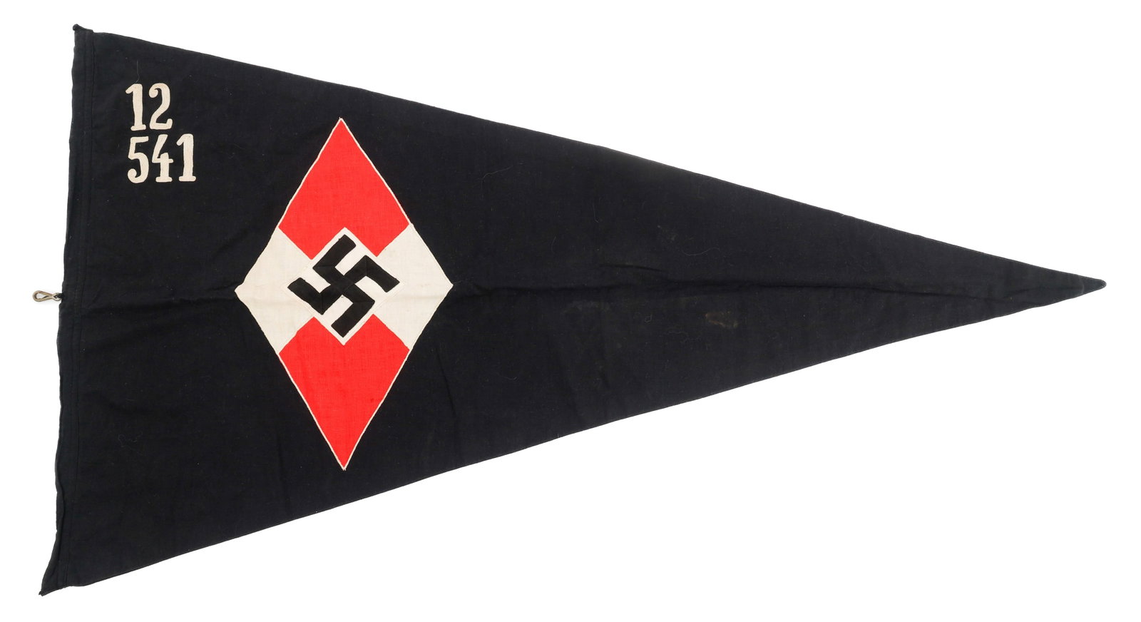 WWII GERMAN HITLER YOUTH 12/541 UNIT PENNANT FLAG: WWII GERMAN HITLER YOUTH 12/541 UNIT PENNANT FLAG WWII German Hitler Youth 12/541 Unit Pennant. Double sided, multiple piece construction with stiched emblem. Size: 20" x 39 1/2"