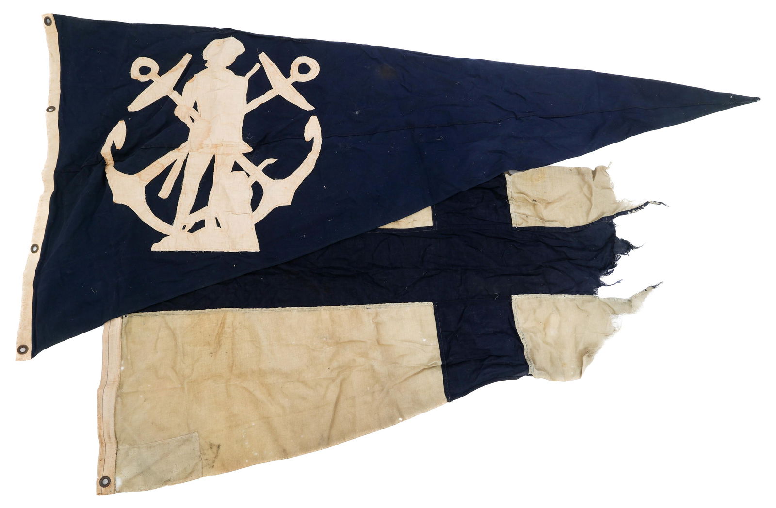WWII BRITISH COMMODORE SHIP C.S. FLANNIGAN FLAGS: WWII BRITISH COMMODORE SHIP C.S. FLANNIGAN FLAGS WWII British Commodore Ship "C.S. Flannigan" Flags. (1) Commodore of Convoy Flag. Double sided, multi-piece construction with "From Commodore Ship C.S.
