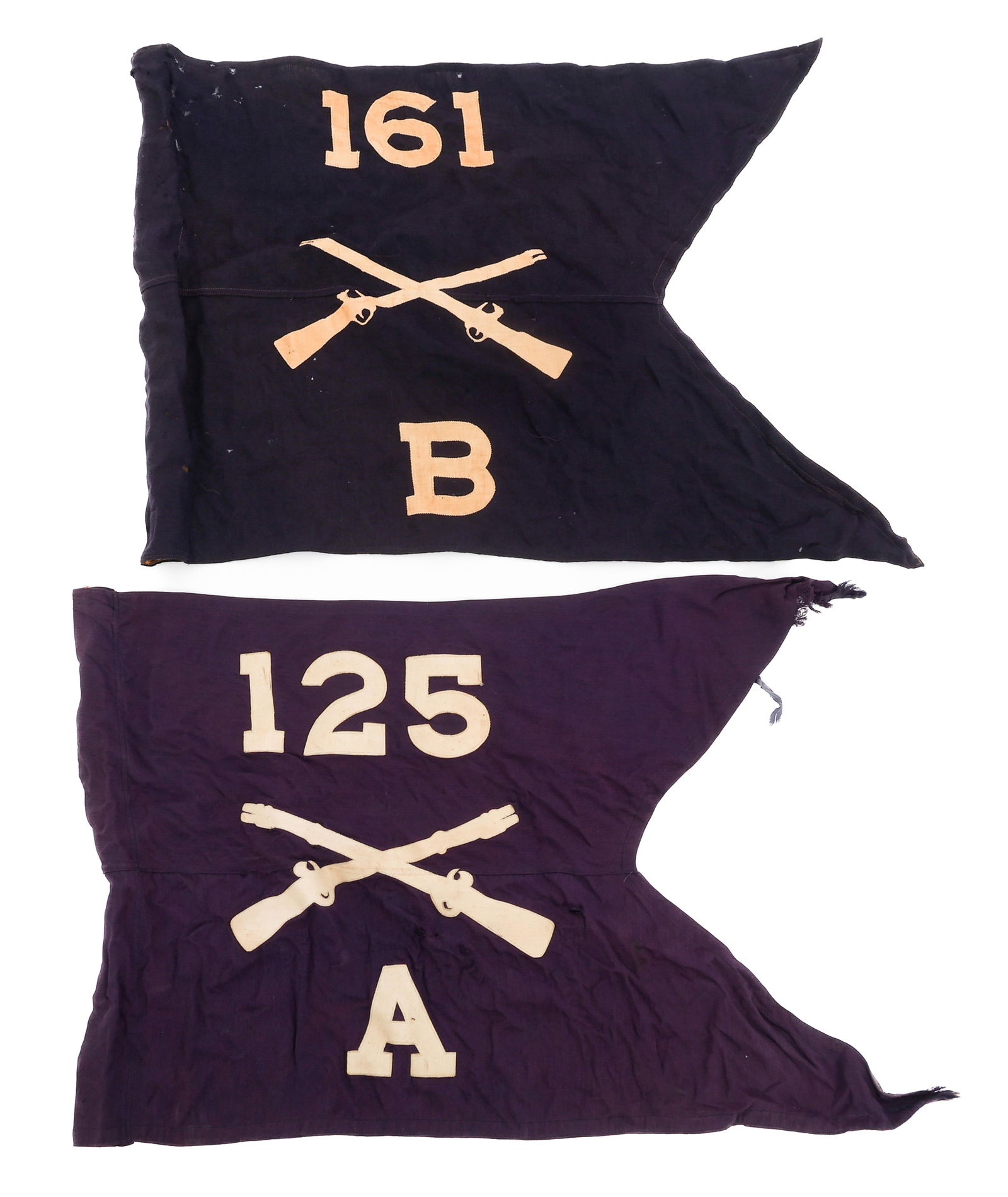 WWII US ARMY 161st & 125th IR GUIDON FLAG: WWII US ARMY 161st & 125th IR GUIDON FLAG WWII US Army 161st and 125th Infantry Regiment Guidon Flags. (2) Guidon Flag. Double sided, Multi-piece canvas cloth construction. Size: 17" to 20" x 27"