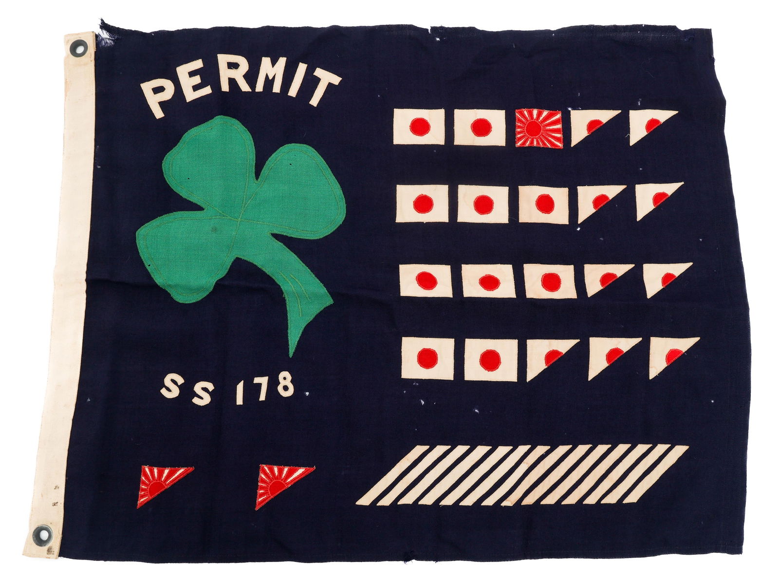 POST WWII US NAVY USS PERMIT REUNION BATTLE FLAG: POST WWII US NAVY USS PERMIT REUNION BATTLE FLAG Post WWII US Navy USS Permit (SS-178) Reunion Battle Flag. Single sided, multi-piece cloth construction with reinforced header. Shark with torpedoes, J