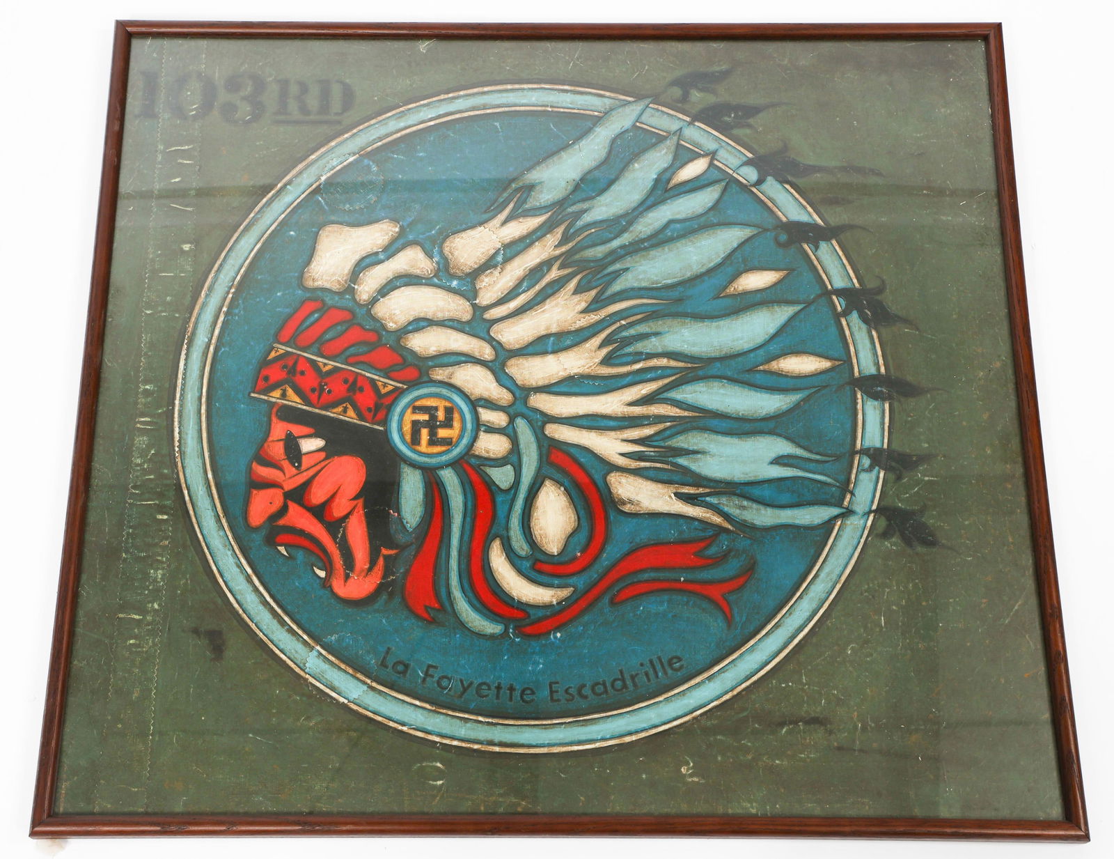 ARTIST'S RENDITION OF 103rd AERO SQ PAINTED FABRIC: ARTIST'S RENDITION OF 103rd AERO SQ PAINTED FABRIC Squadron Painted Plane Fabric. Unit emblem of the 103rd (Former Lafayette Escadrille) painted on fabric. Please note this is not a piece of painted f