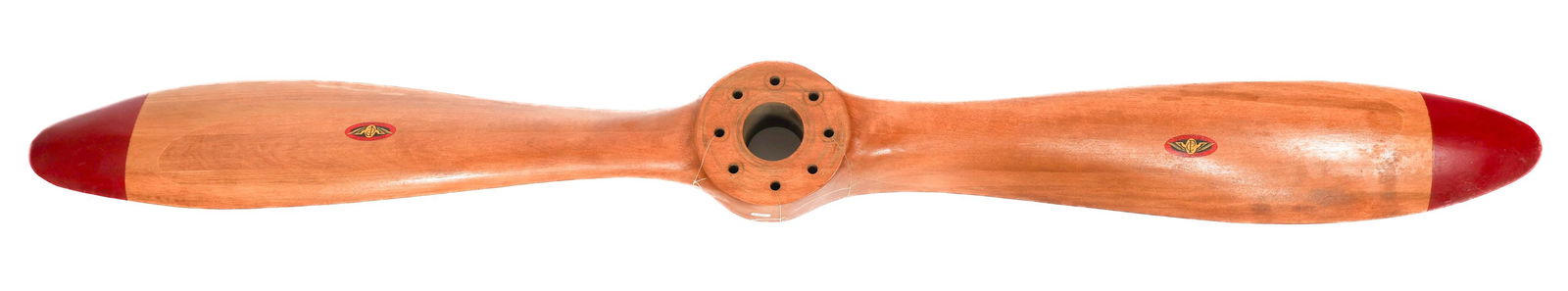 PRENTISS COURT AEROWORKS WOODEN PROPELLER: PRENTISS COURT AEROWORKS WOODEN PROPELLER Prentiss Court Aeroworks Propeller. Wooden construction. Red painted blade tips. Maker marked by Prentiss. Size: 60" x 6" x 3 1/2"