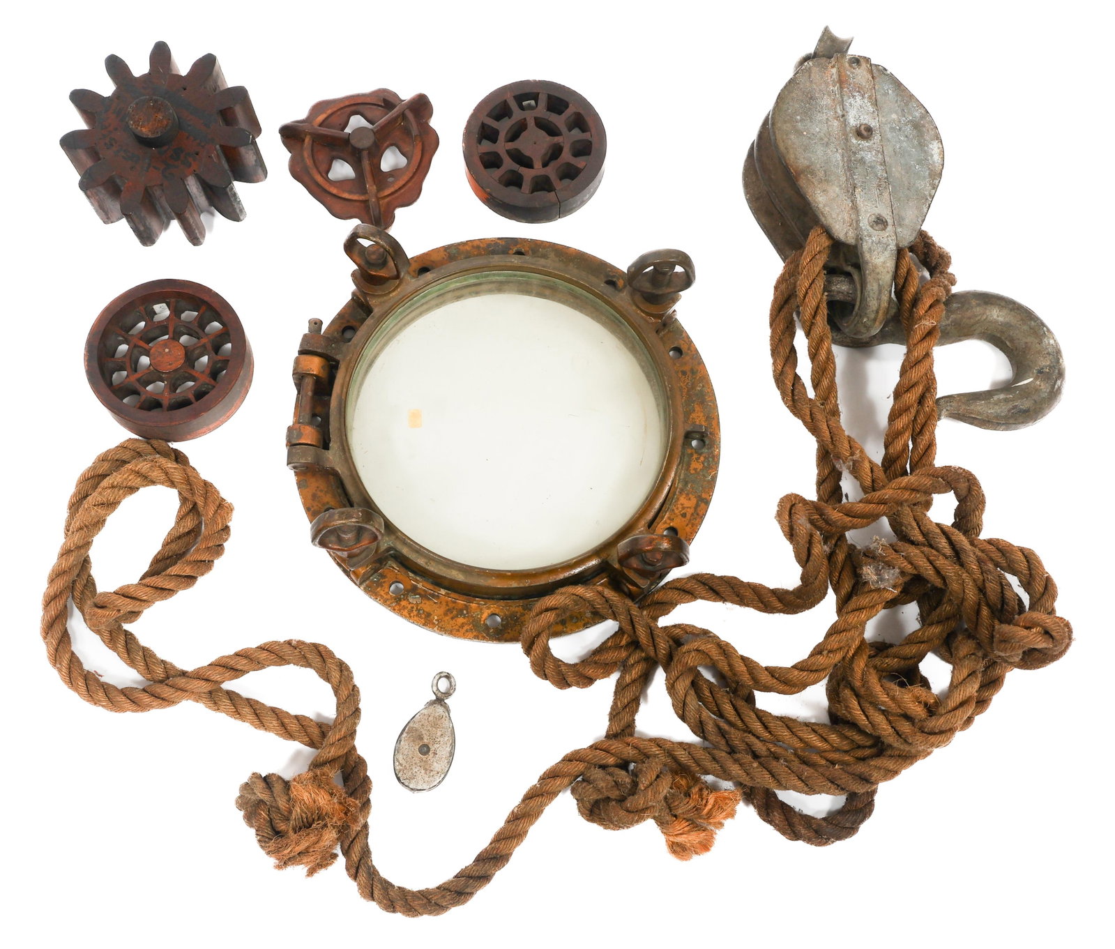 NAUTICAL PORT HOLE & PULLEY: NAUTICAL PORT HOLE & PULLEY Nautical Port Hole & Pulley System. (1) Nautical Port Hole. Brass frame with glass pane. (1) Nautical Pulley with rope and hook. (4) Wood Gears. Weight: 73 lbs