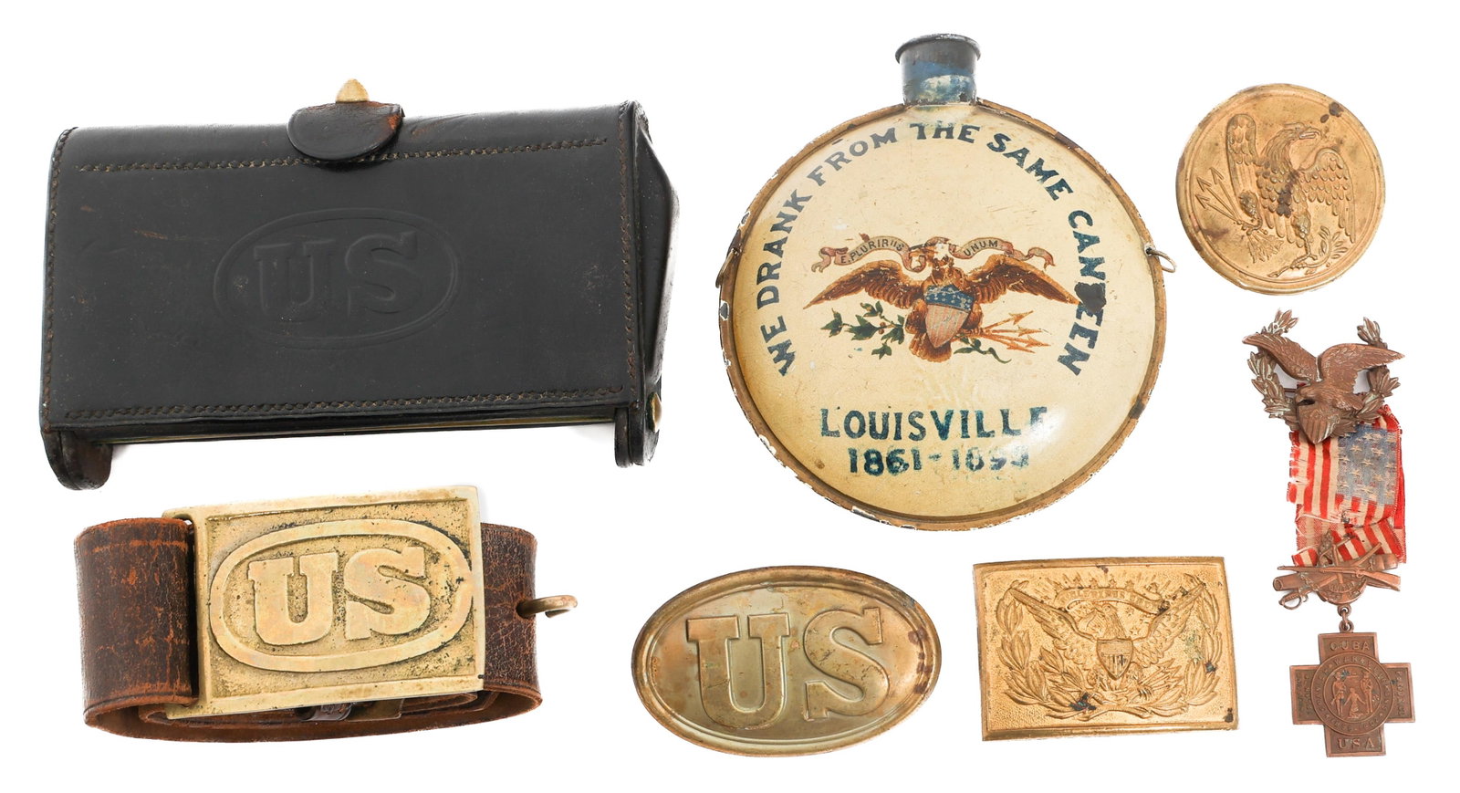 CIVIL WAR - SPAN-AM WAR US INSIGNIA & FIELD GEAR: CIVIL WAR - SPAN-AM WAR US INSIGNIA & FIELD GEAR Civil War - Spanish American War US Insignia & Field Gear. Includes enlisted/NCO & officer belt buckles, cartridge box & bandolier brass plates, M1874 