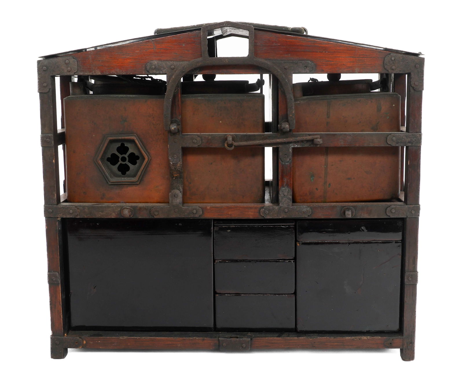 IMPERIAL JAPANESE SAGEJU PORTABLE MEAL CABINET: IMPERIAL JAPANESE SAGEJU PORTABLE MEAL CABINET Imperial Japanese Sageju Portable Meal Cabinet. Wood construction with iron frame and copper lid. Includes lacquered wood Jubaku food boxes and sake warm