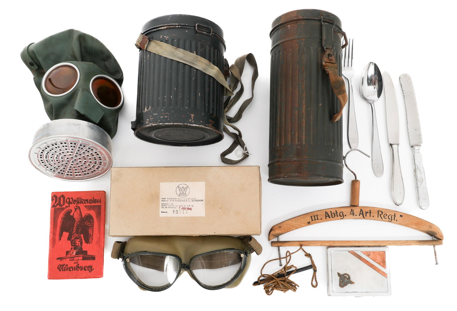 WWII GERMAN MILITARY & CIVILIAN GEAR: WWII GERMAN MILITARY & CIVILIAN GEAR WWII German Military and Civilian Field Gear. Includes Luftwaffe flatware, civilian gas mask and goggles, army gas mask canteen, coat hanger, photo album booklet a