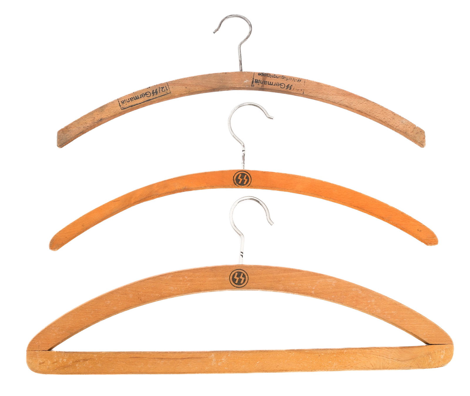 WWII GERMAN SS-GERMANIA & SS GARMENT HANGERS: WWII GERMAN SS-GERMANIA & SS GARMENT HANGERS WWII German SS Garment Hangers. Wooden construction with steel hooks. (1) SS-Germania Regiment / SS-Verf?gungstruppe (SS-VT) marked. (2) SS marked. Size: 7
