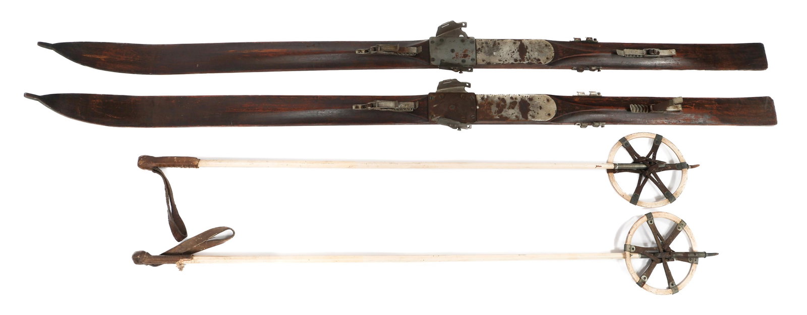 WWII US ARMY MOUNTAIN TROOPS SKIS WITH POLES: WWII US ARMY MOUNTAIN TROOPS SKIS WITH POLES WWII US Army Mountain Troops Skis with Poles. (1) pair of Mountain Troops Skis. Wood and steel construction. Maker marked by Dovre and "US 1943" stamped on