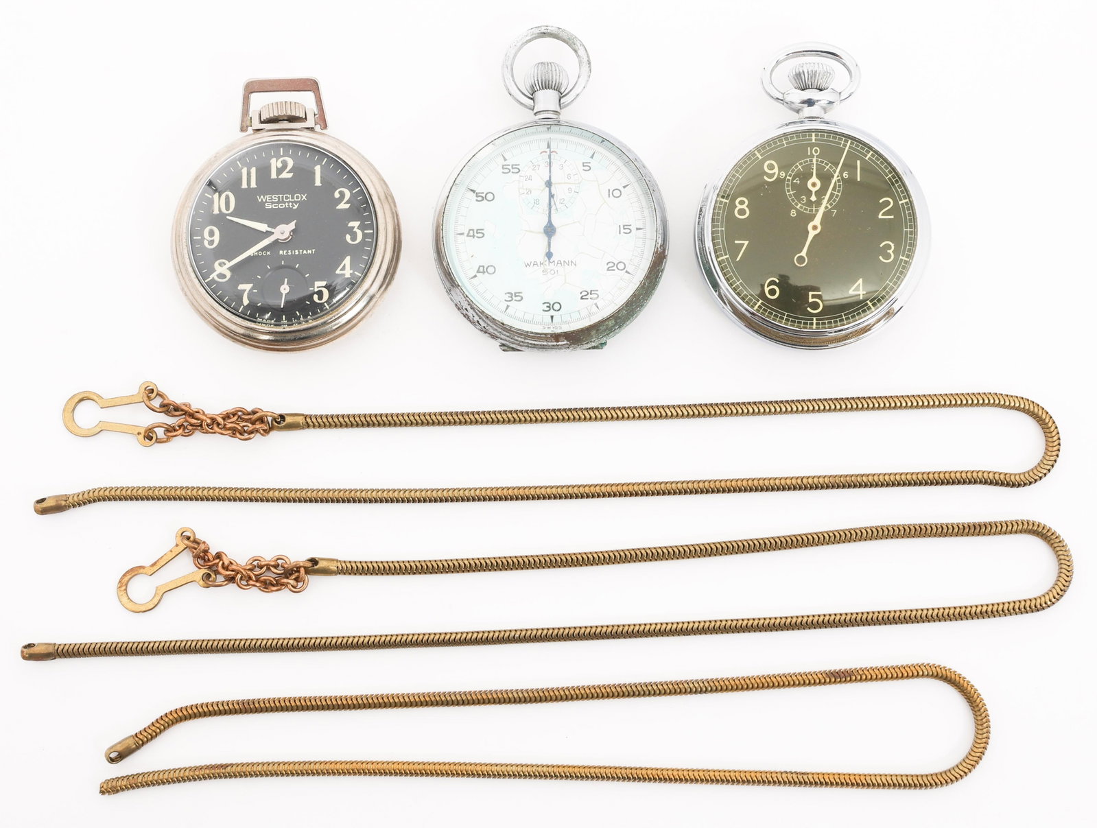 WWII - KOREAN WAR US & CIVILIAN STOP WATCHES: WWII - KOREAN WAR US & CIVILIAN STOP WATCHES WWII - Korean War US Armed Forces & Civilian Stop Watches and Accessories. (1) Type A-8 by Waltham. Dated 1944. (1) Wakmann 501. Dated 1952. (1) Westclox S