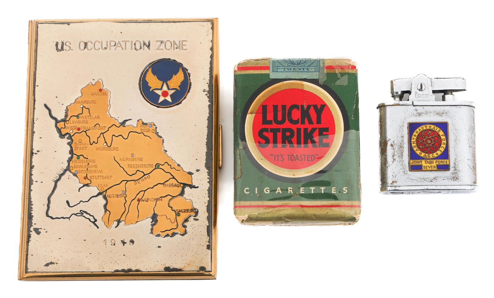 WWII - KOREAN WAR US LUCKY STRIKES, CASE & LIGHTER: WWII - KOREAN WAR US LUCKY STRIKES, CASE & LIGHTER WWII - Korean war US Lucky Strike Cigarette Pack, Cigarette Case, & Lighter. (1) Unopened Lucky Strike Green Pack. Unbroken Series No. 112 tax stamp.